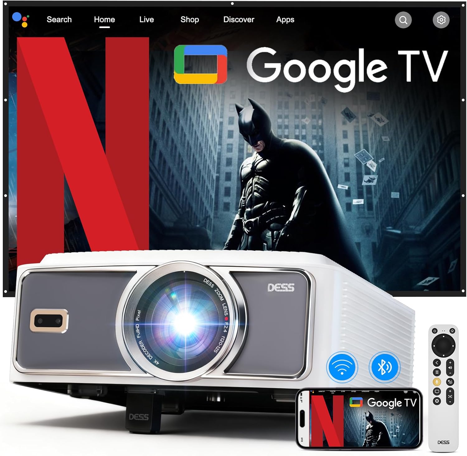 DESS C5 Pro Beamer 4K mit Tageslicht-Modus, 1.500 ANSI-Lumen, Autofokus und WiFi 6 + Bluetooth