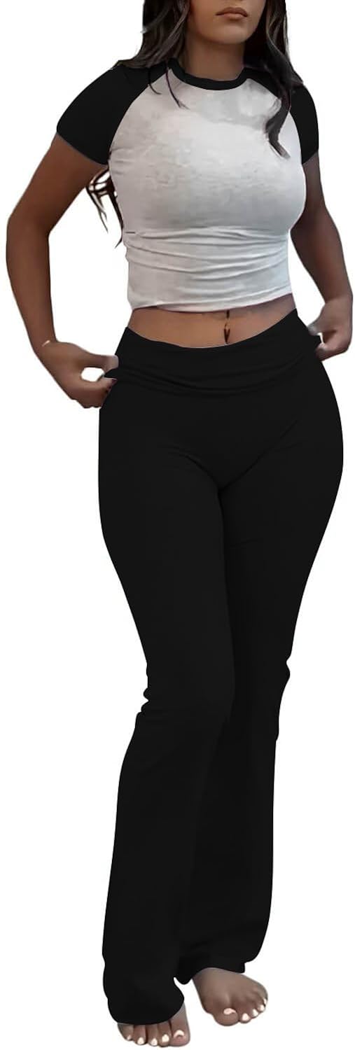 Thumbnail 6 de ZFLM Casual Workout Two-Piece Set: Short Sleeve Crop Top & High-Waist Foldover Flare Pants