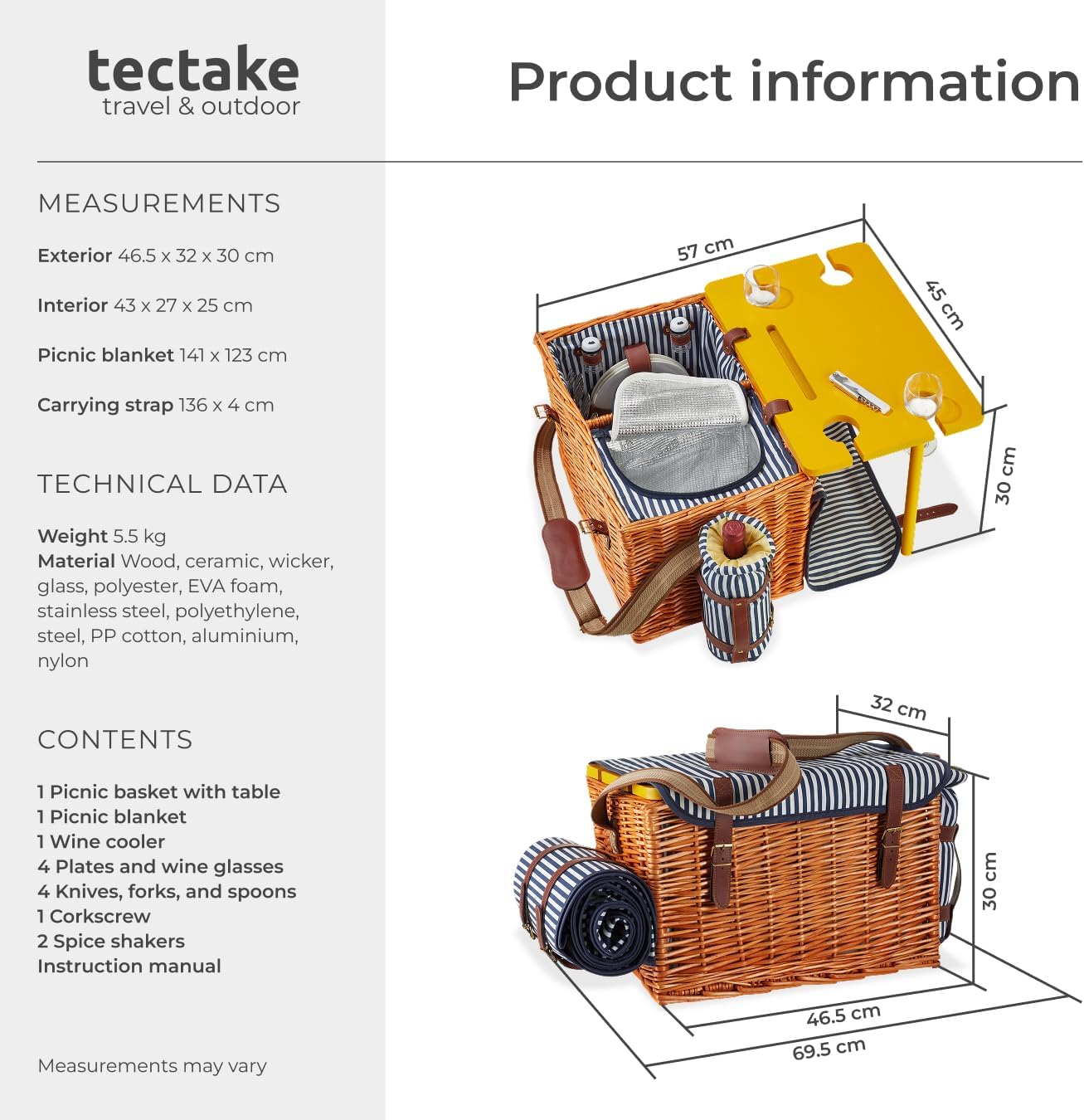 Detalle de tectake 405191-2 Rügen picknickkorg för fyra med kylfack och filt