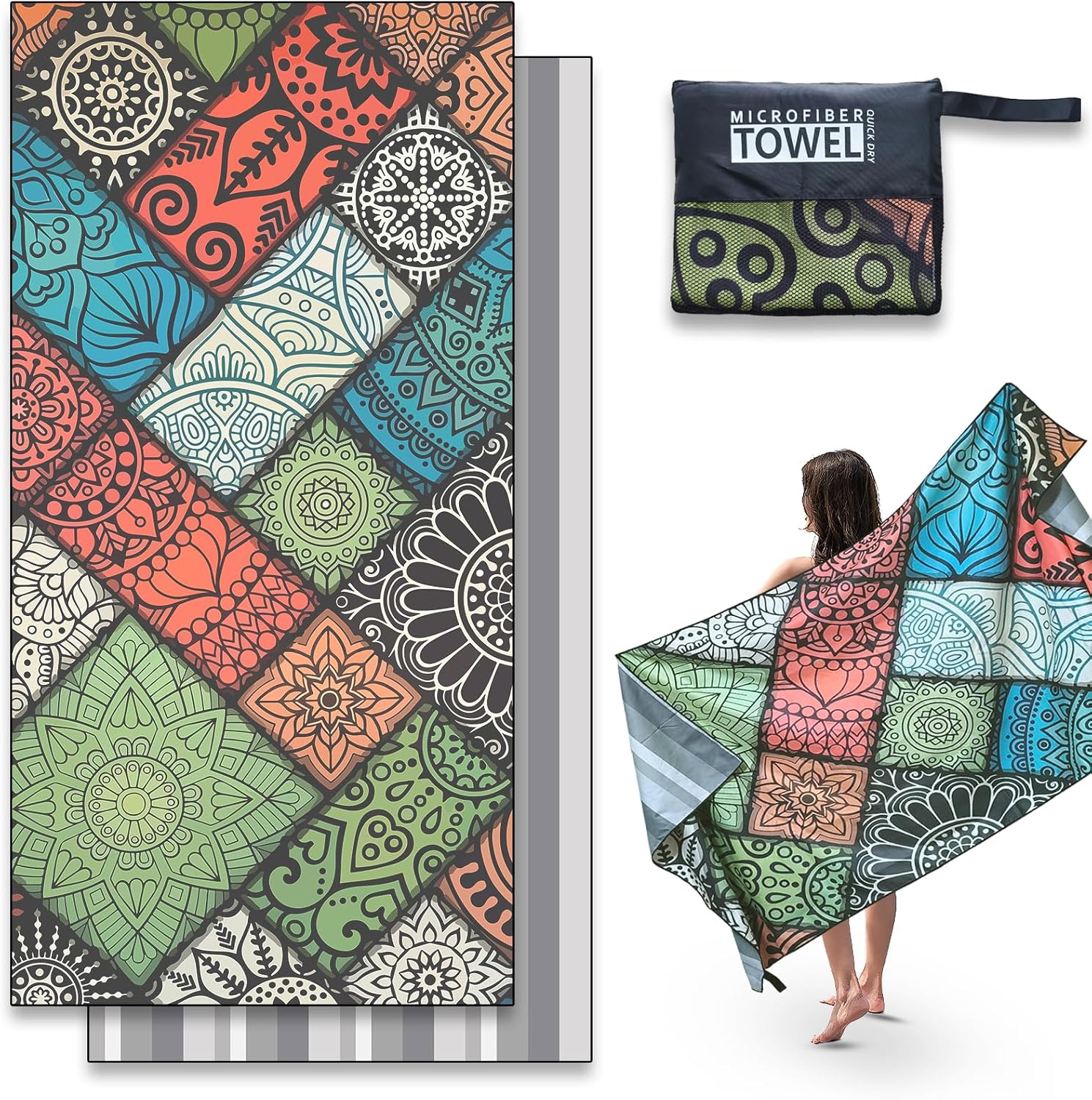 Detalle de Anavasi Microfibre Beach Towel for Adults – Extra Large 180 x 90 cm (Mandala Squares)