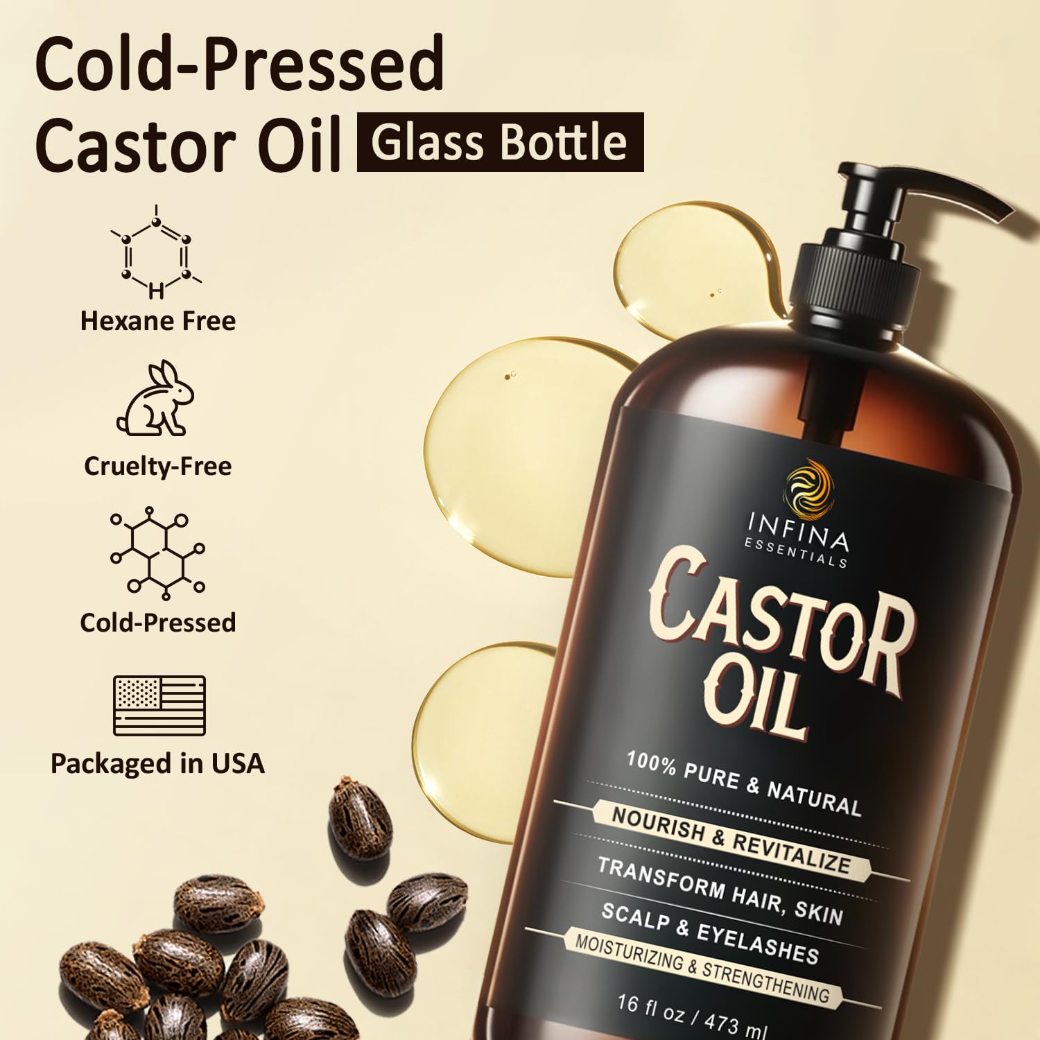 Detalle 2 de INFINA ESSENTIALS Pure Cold Pressed Castor Oil (Hexane Free) — 16 fl oz Glass Bottle for Hair, Scalp, Skin & Eyelashes