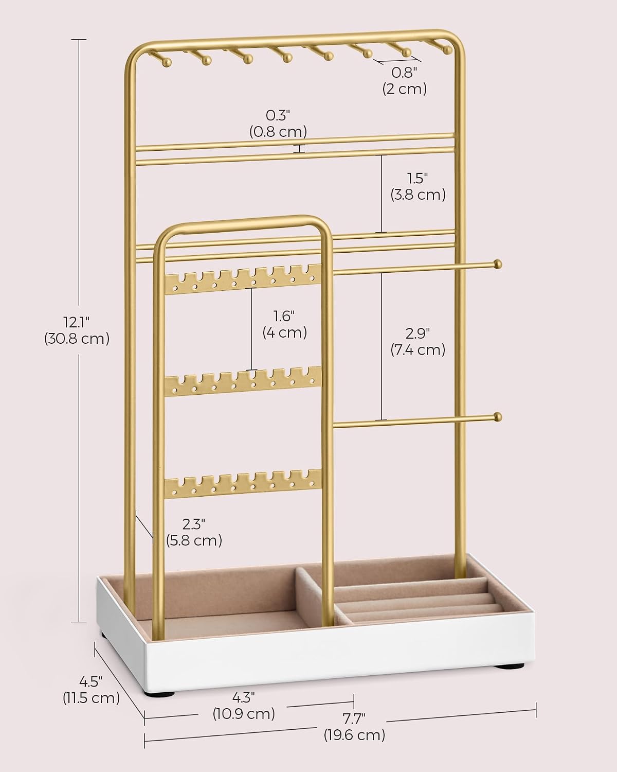 Thumbnail 5 de SONGMICS JJS021A01 Jewellery Stand – metal frame velvet tray organiser for earrings, bracelets and long necklaces
