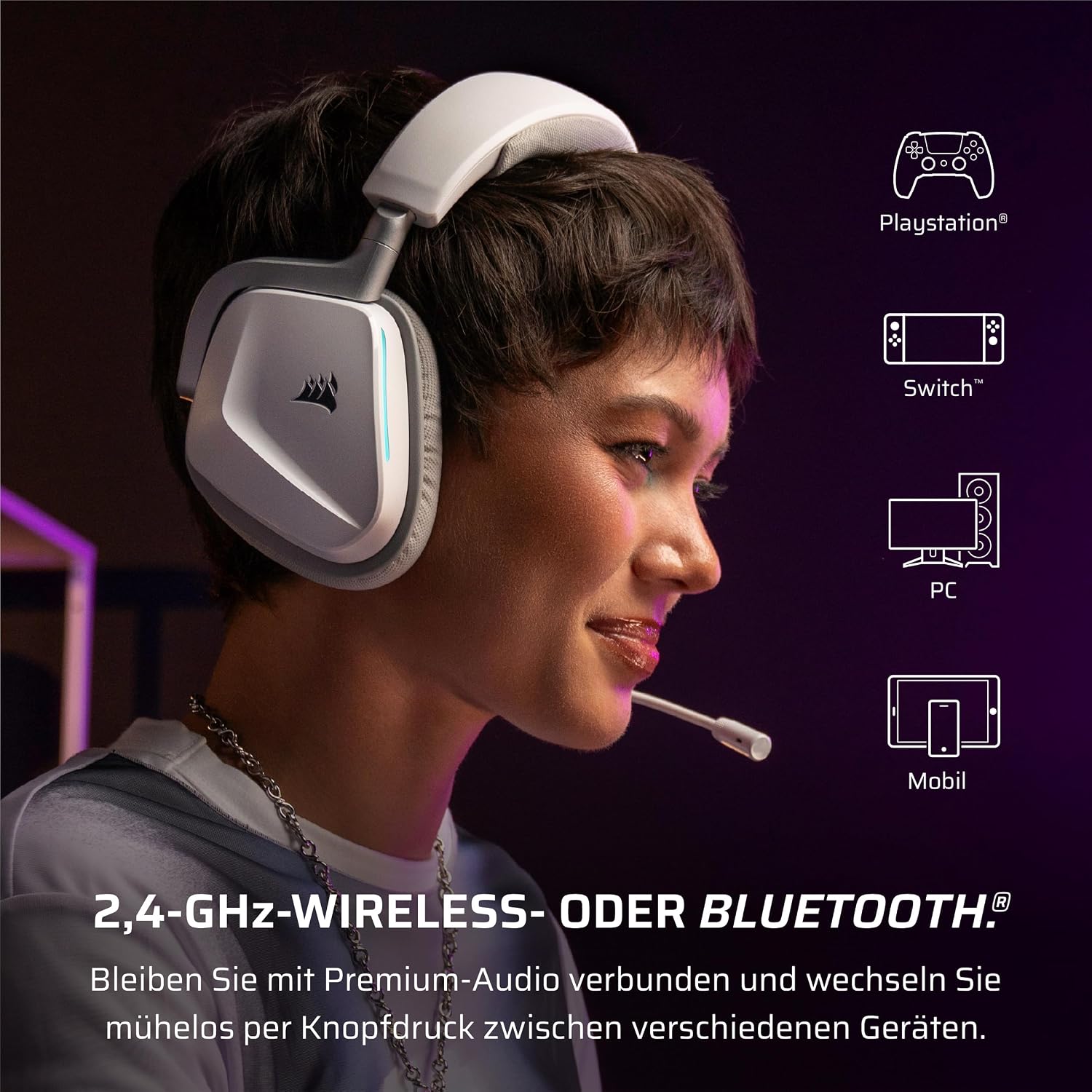 Detalle de Corsair Void v2 Wireless Gaming-Headset mit Bluetooth, Dolby Atmos und bis zu 70 Stunden Akkulaufzeit – Weiß