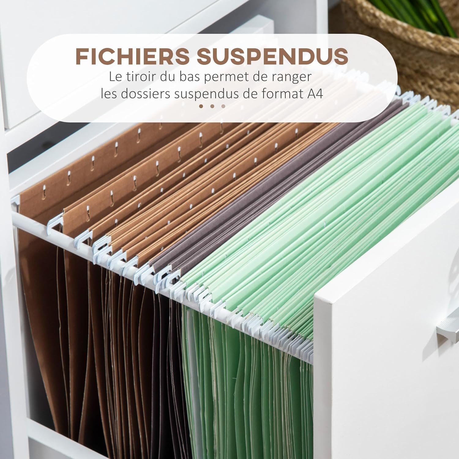 Detalle de Vinsetto Caisson de Bureau verrouillable avec 2 tiroirs et support d’imprimante – Blanc bois 86,3 x 40 x 66,5 cm