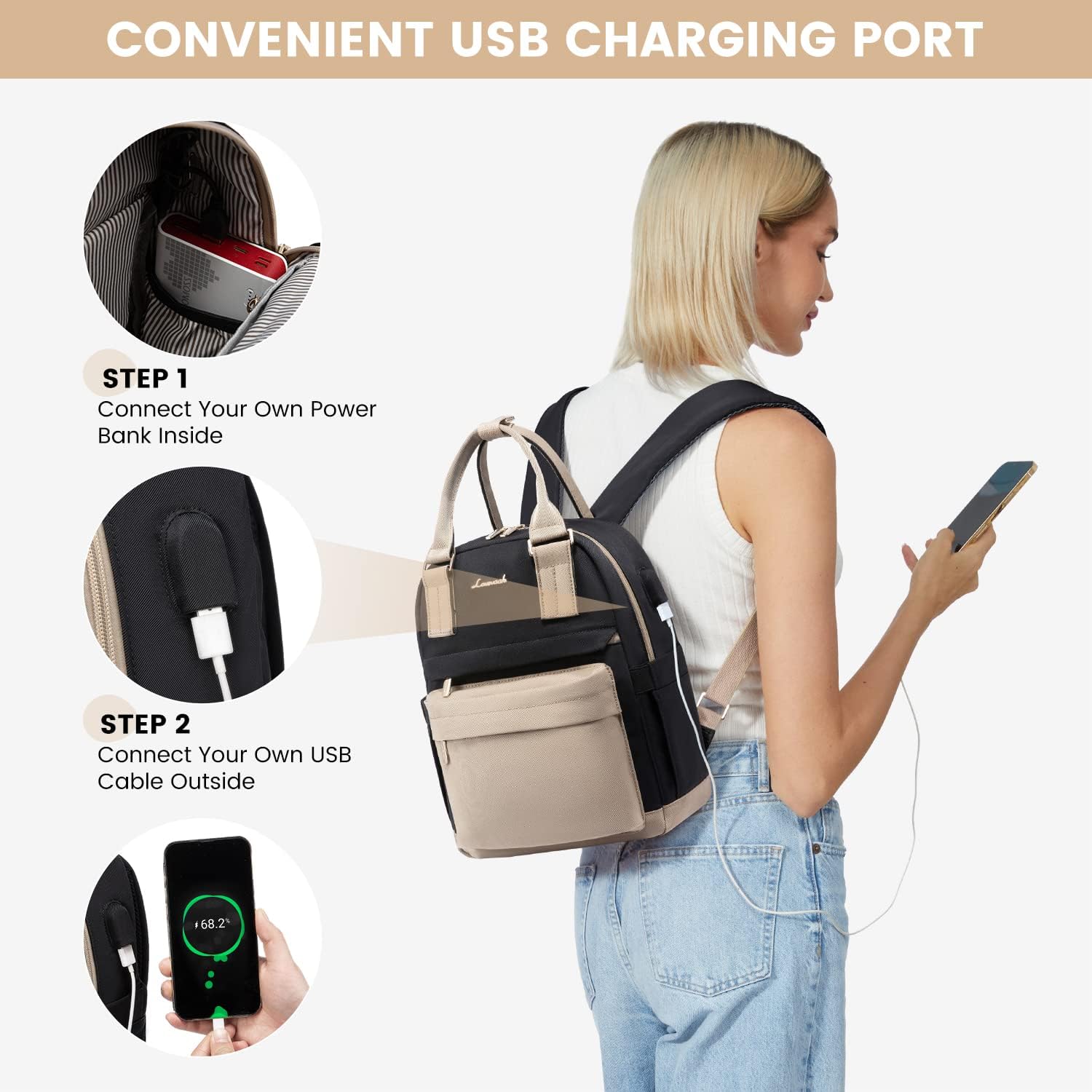 Thumbnail 3 de LOVEVOOK Zaino da donna piccolo: impermeabile 2 in 1 con porta USB, stile urbano ed essenziale