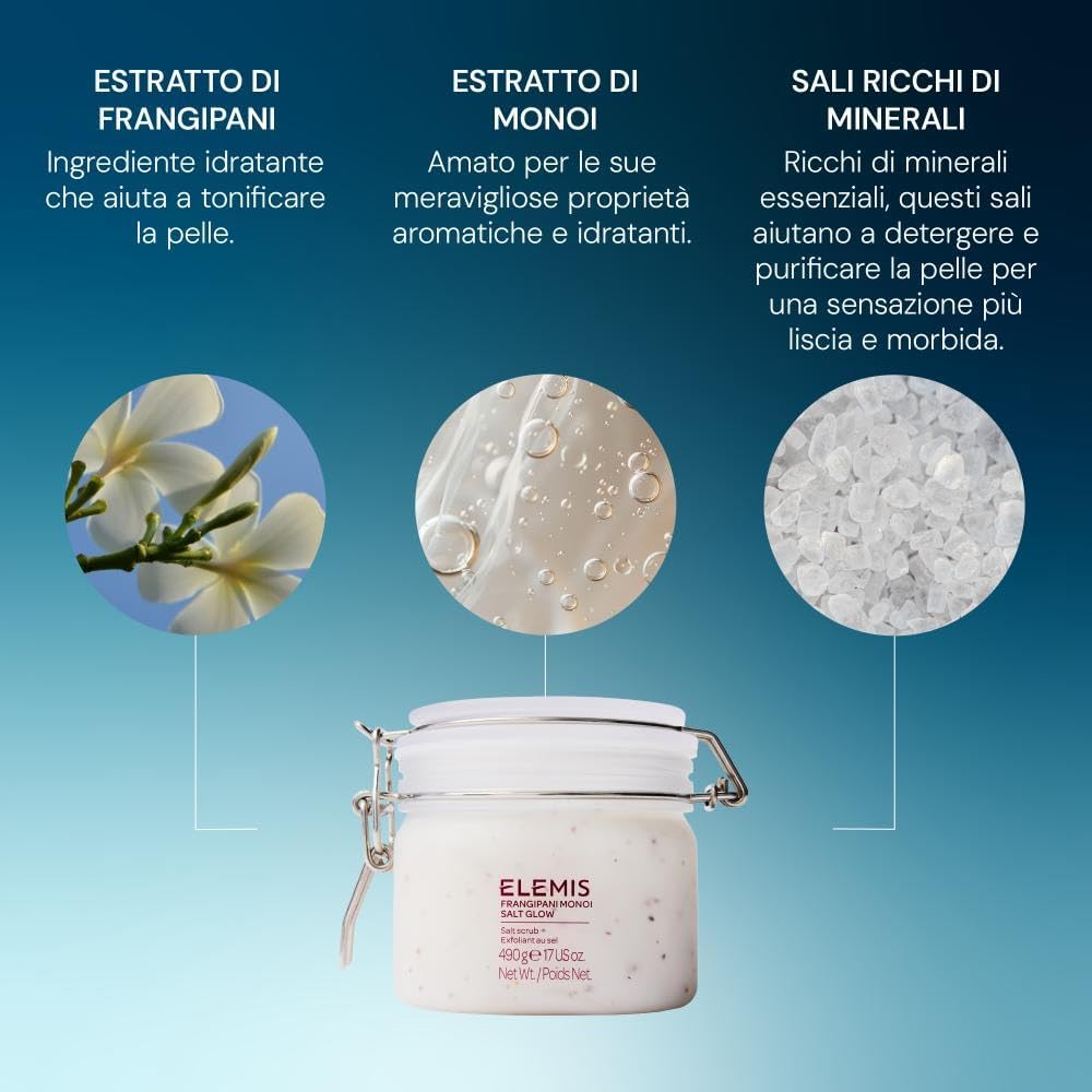 Detalle de Elemis Frangipani Monoi Salt Glow Body Scrub – Scrub esfoliante corpo al sale con Monoi e Frangipani, 490 ml