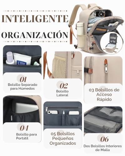 Detalle de VMIKIV mochila de viaje 24 L beige claro con apertura 180° y bolsillo antirrobo