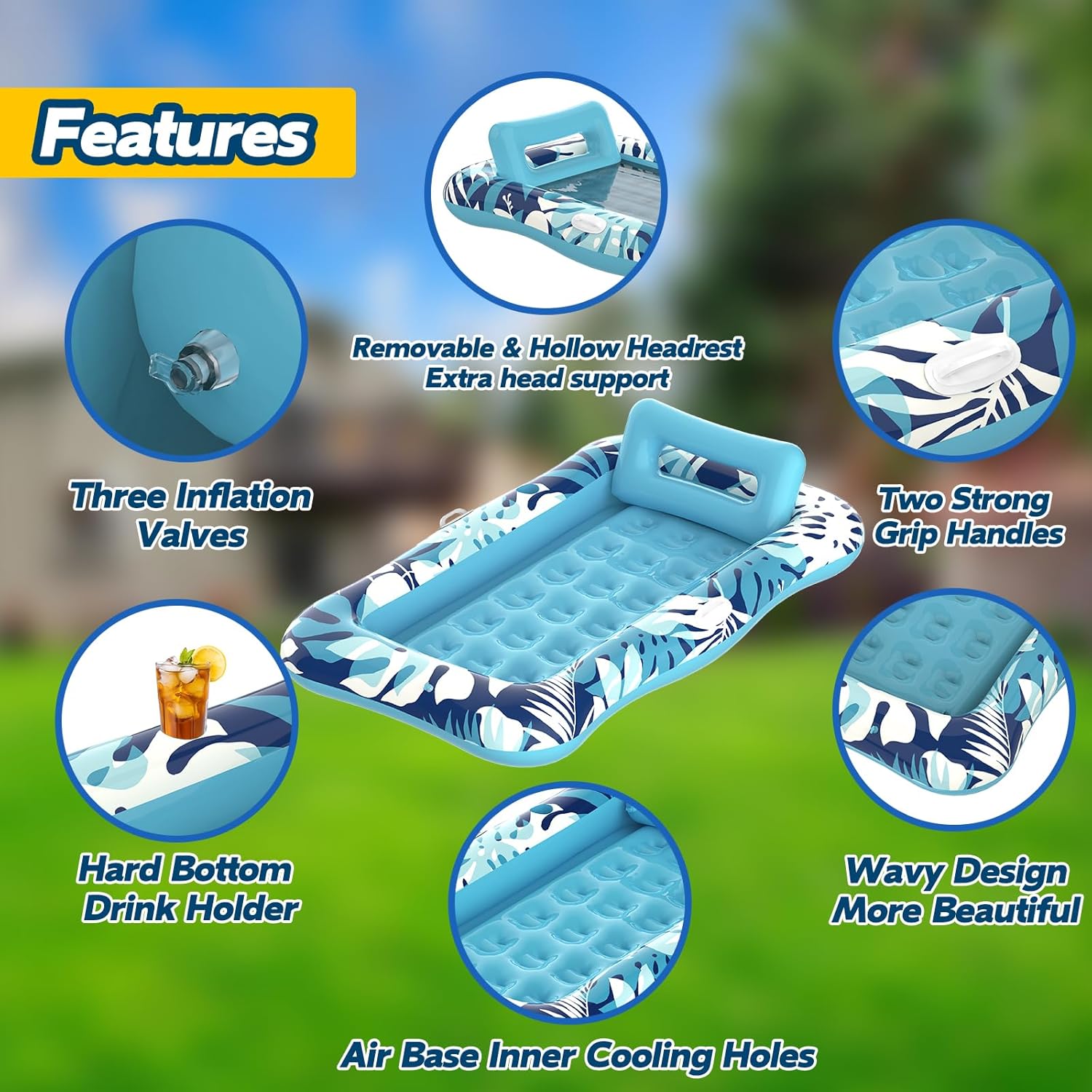 Detalle 1 de Pool Floats Adult XL Inflatable Tanning Pool Lounger Float (76" x 48") with Pillow, Cup Holder & Repair Patches