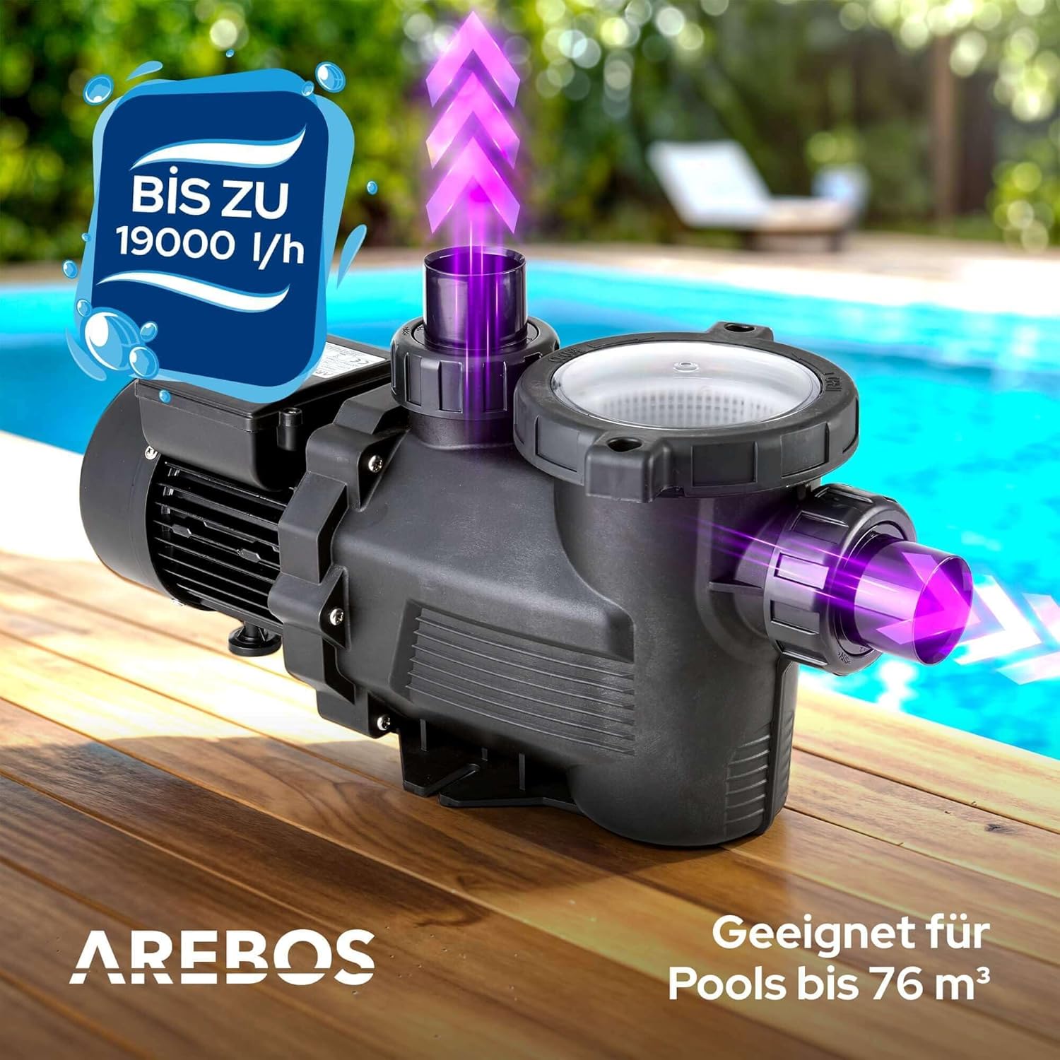 Thumbnail 3 de Arebos Schwimmbadpumpe 800W – Filterpumpe mit Vorfilter und 19000 l/h für Gartenpool und Aufstellbecken
