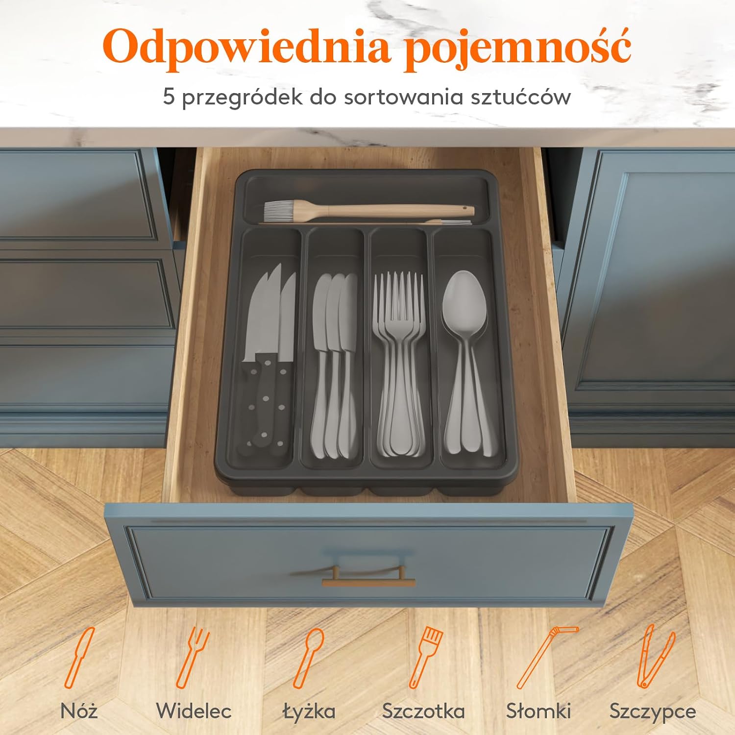 Detalle de Lifewit 24099 organizer do szuflady na sztućce, 5 przegródek i pokrywka