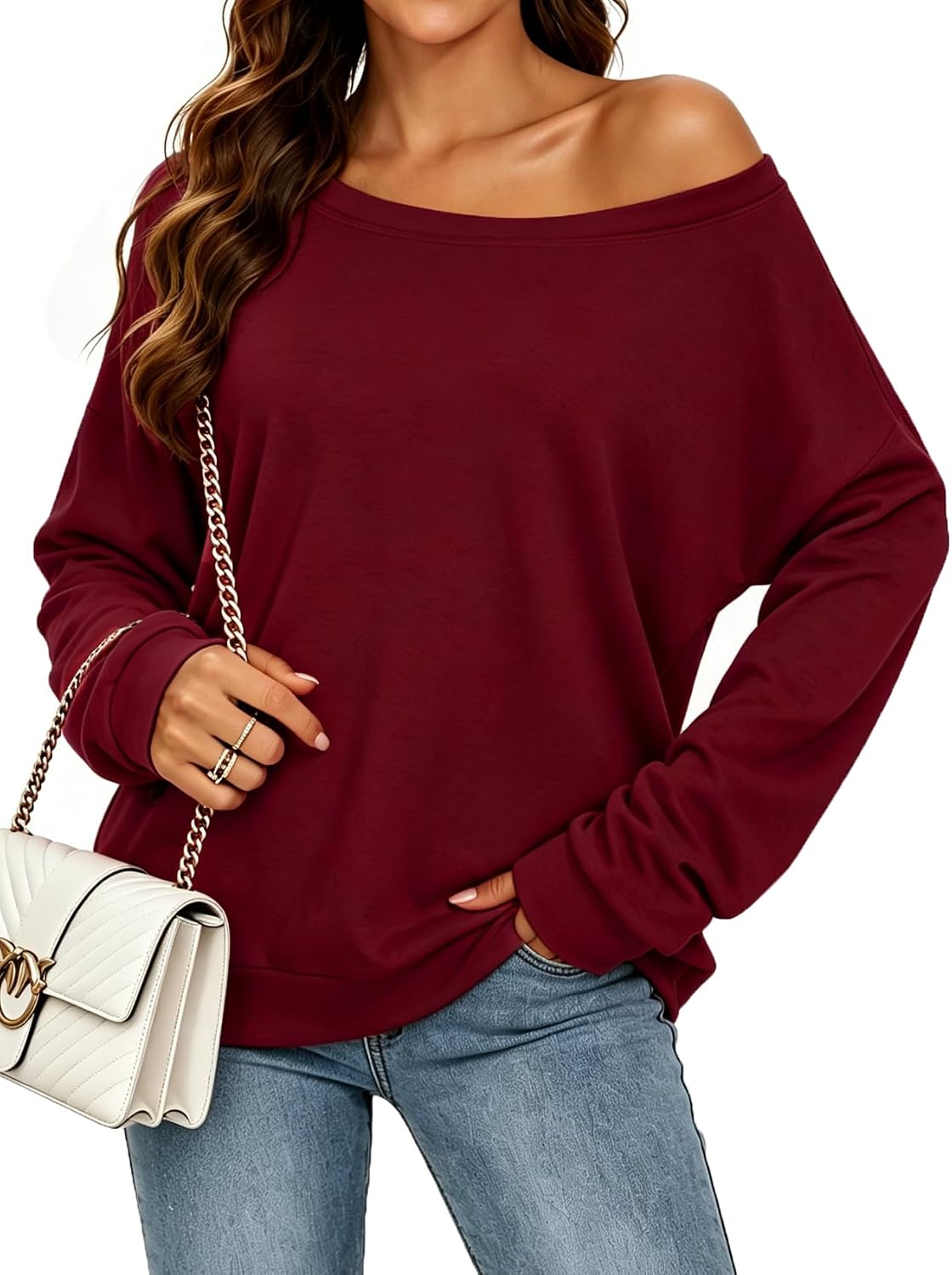Detalle de CHICALLURE Women's Off-the-Shoulder Oversized Sweatshirt Tunic, Long Sleeve