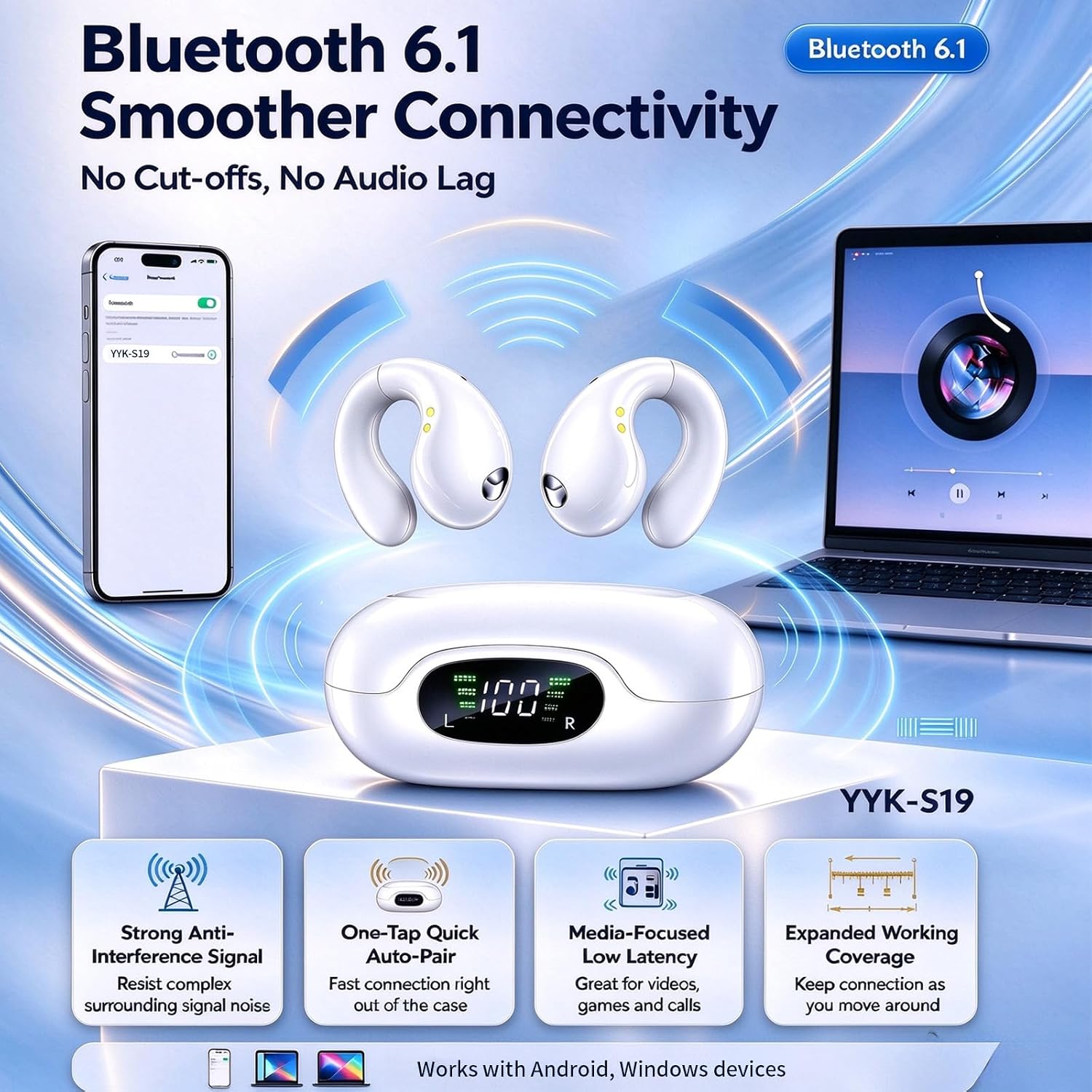 Thumbnail 6 de Xoruezls S19-WT01 Open-Ear Clip-On Earbuds, 50-Hour Playtime, LED Display