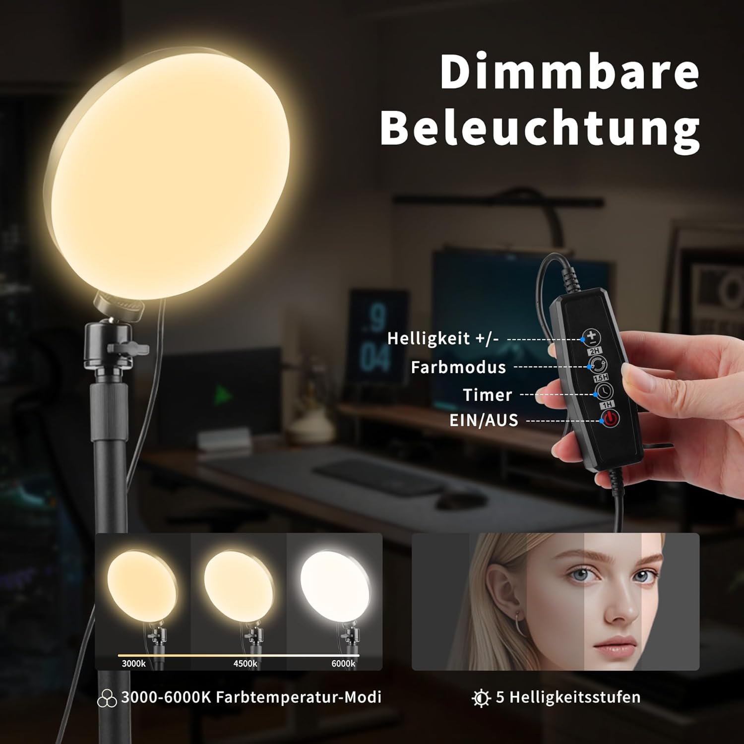 Detalle de Aogled Lumière Vidéo LED pour Conférences Zoom – Kit éclairage USB avec Support Téléphone et 3 modes de couleur