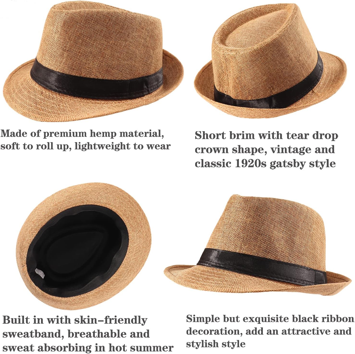 Detalle 2 de Ultrafun 5 Pack Short Brim Fedora Classic Summer Hat for Men and Women