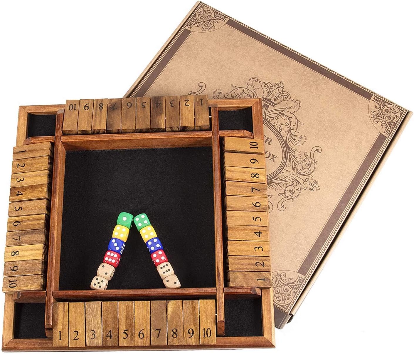 Thumbnail 4 de Amerous AMEROUS 1–4 Players Shut The Box Dice Game with Wooden Board, 12 Dice & Instructions