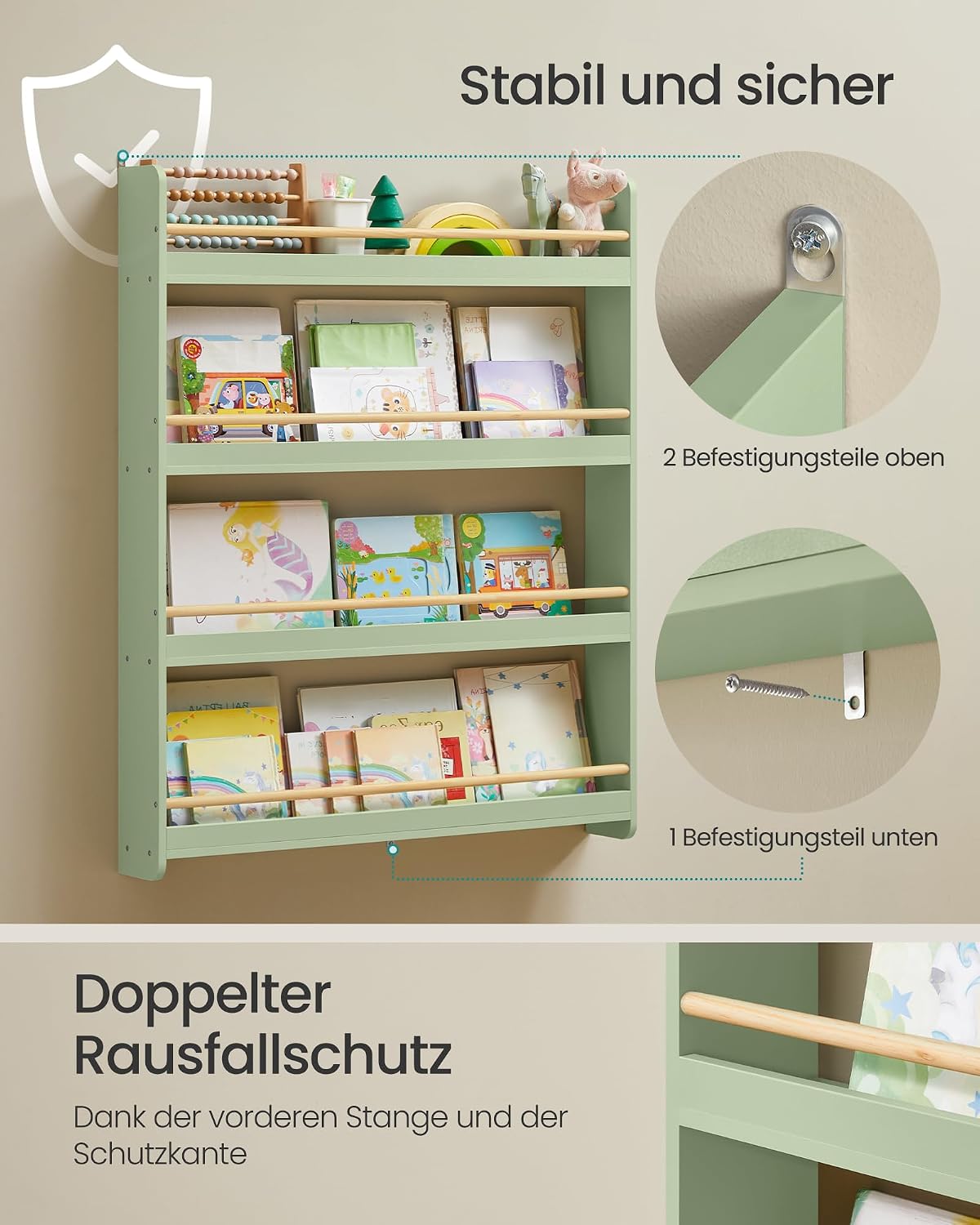 Detalle de SONGMICS Kinder-Bücherregal GKR014CE02 mit 4 Ebenen (wandmontiert) – lorbeergrün/natur