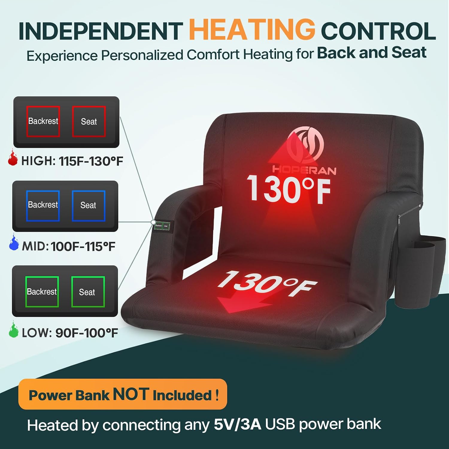 Detalle de HOPERAN 1409-BK-21in-1pc Heated Stadium Seat with Dual-Zone Heat & Recline