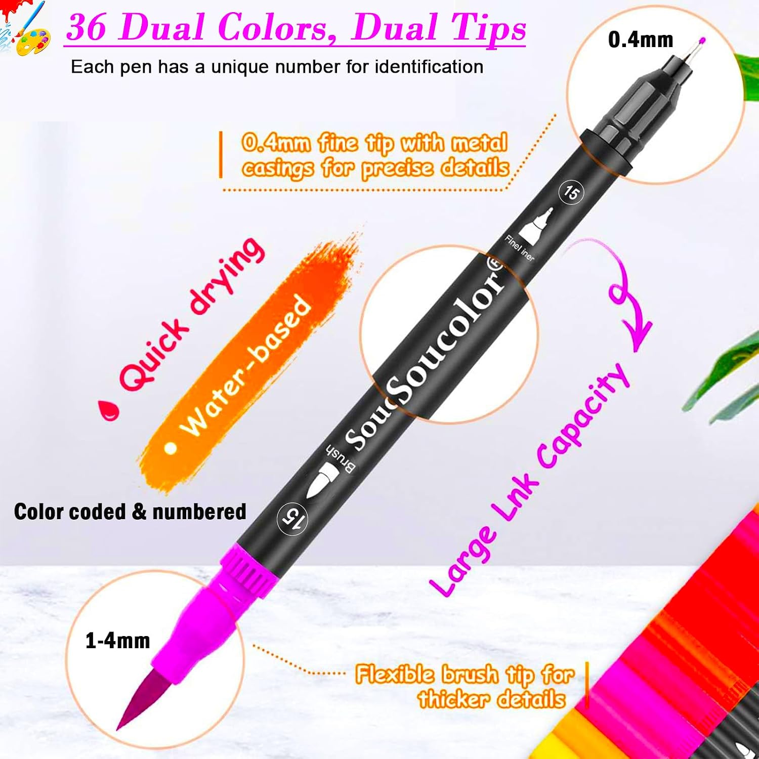 Detalle de Soucolor Dual-Tip Brush Markers, 36 Colors