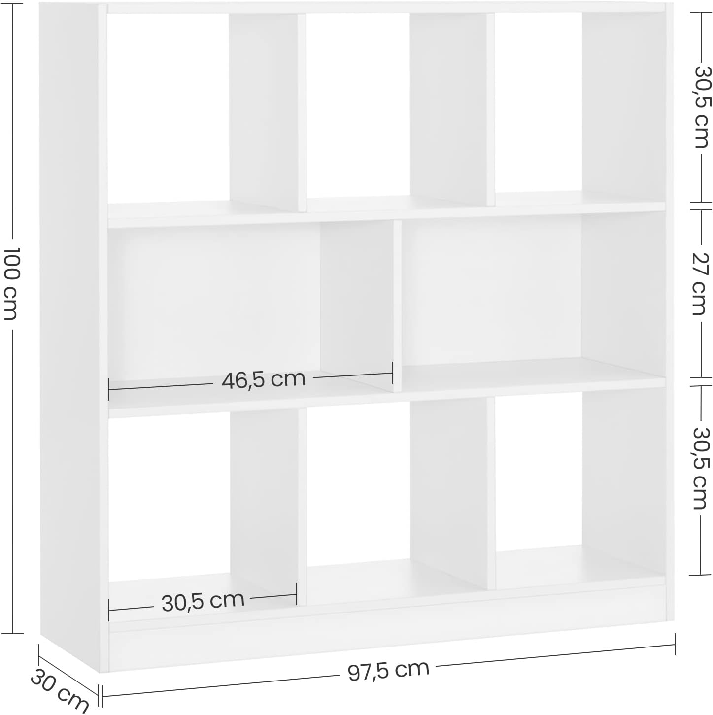 Detalle de VASAGLE LBC52WT 8-Compartment Bookcase, White, 30 x 97.5 x 100 cm