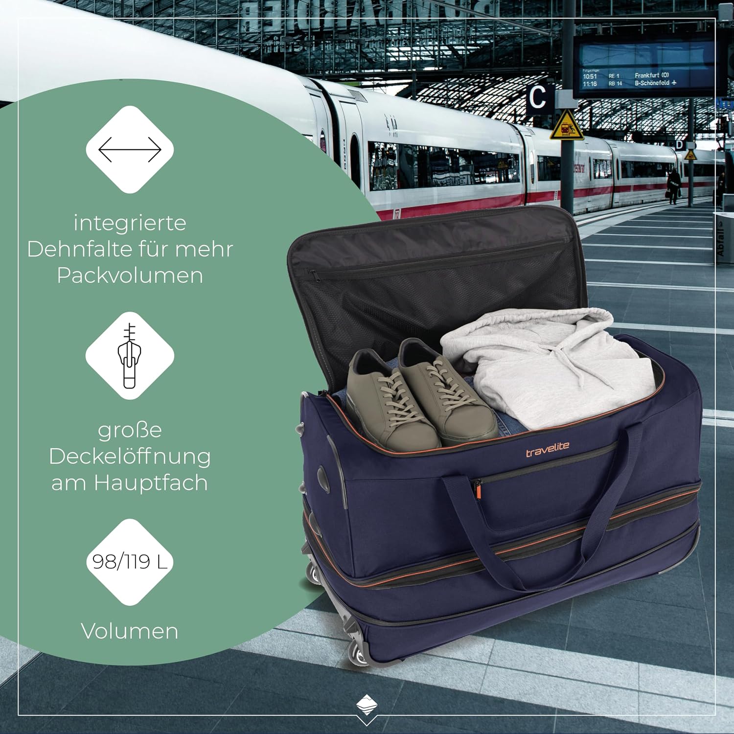 Detalle de Travelite Trolley Reisetasche mit Rollen groß – 98–119 L, erweiterbar, 70 cm
