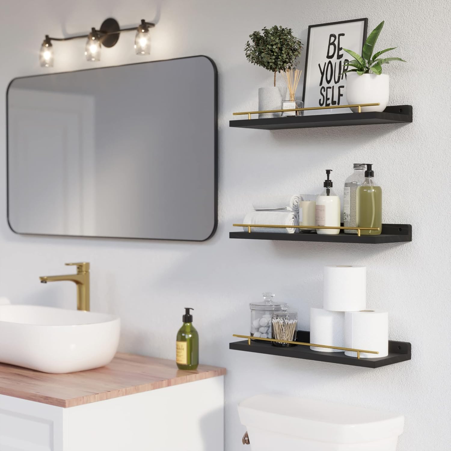 Thumbnail 1 de WOPITUES Floating Shelves with Guardrail — Set of 3