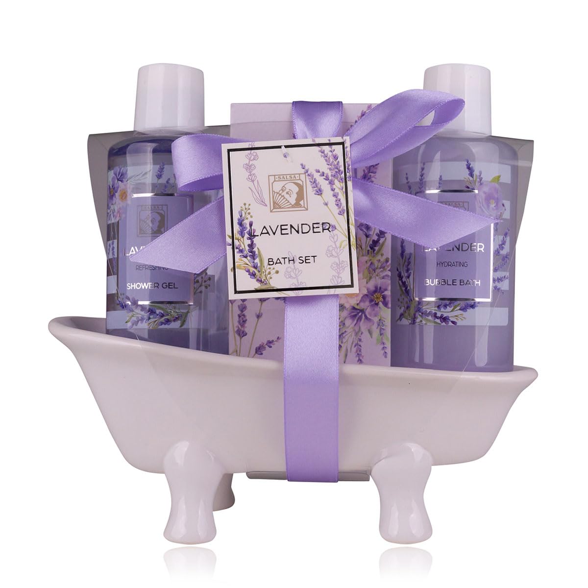 Detalle 2 de Accentra Duschset Frauen Geschenkset LAVENDEL – 3-teiliges Pflegeset mit Duschgel, Bodylotion & Netzschwamm in Keramikwanne