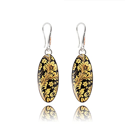 Dragon Porter Estilo 11, pendientes colgantes ovalados con flores en negro y amarillo