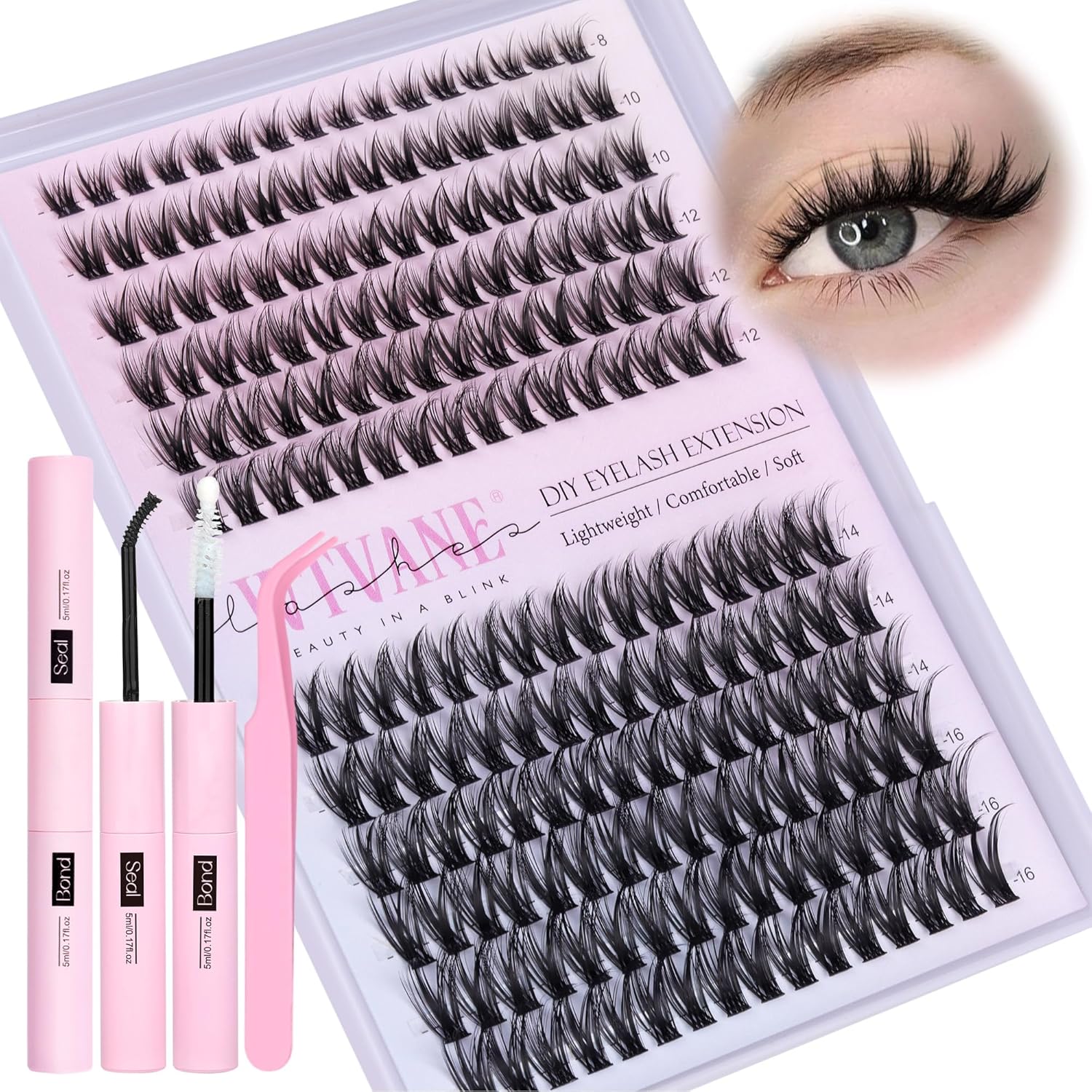 Detalle de Fairy Lash Clusters Kit Wispy Eyelash Clusters DIY 8-16mm — 192pcs with Bond, Seal & Tweezers