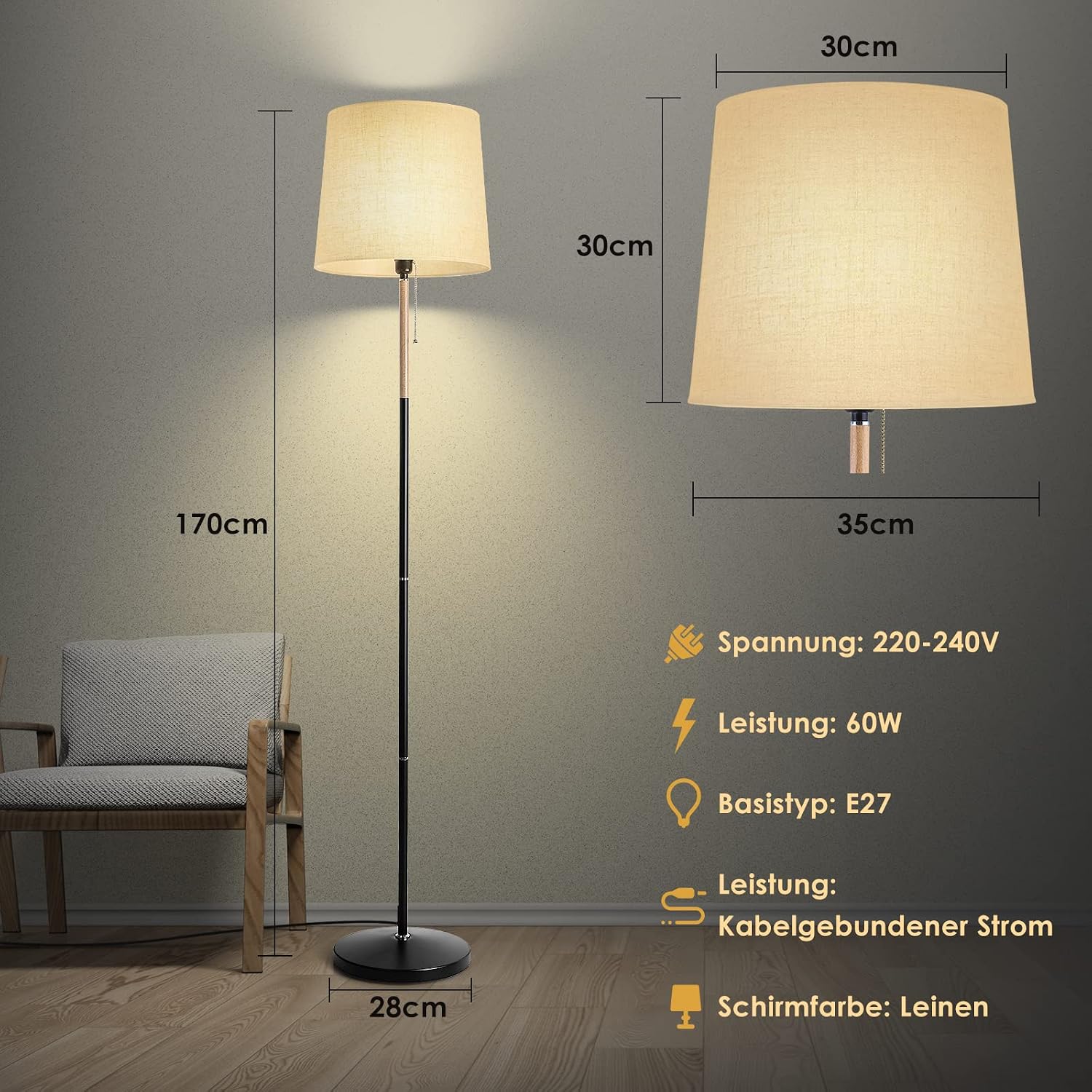 Detalle 2 de Lampada da terra/pian tana con paralume in tessuto e attacco E27 (H 170 cm) per salotto e ufficio