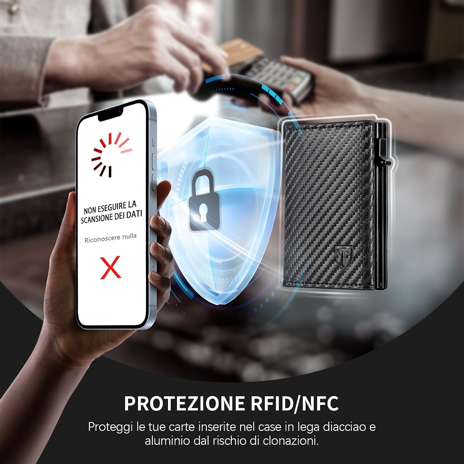 Detalle de TENBST Portafoglio Slim con RFID Anticlonazione e Portamonete – Carbon Nero