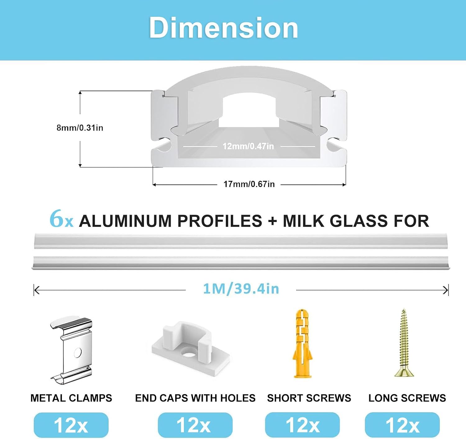 Detalle de VEANANO U-Shape Aluminium LED Profile Diffuser Kit (6-pack, 1m) with Milky Cover