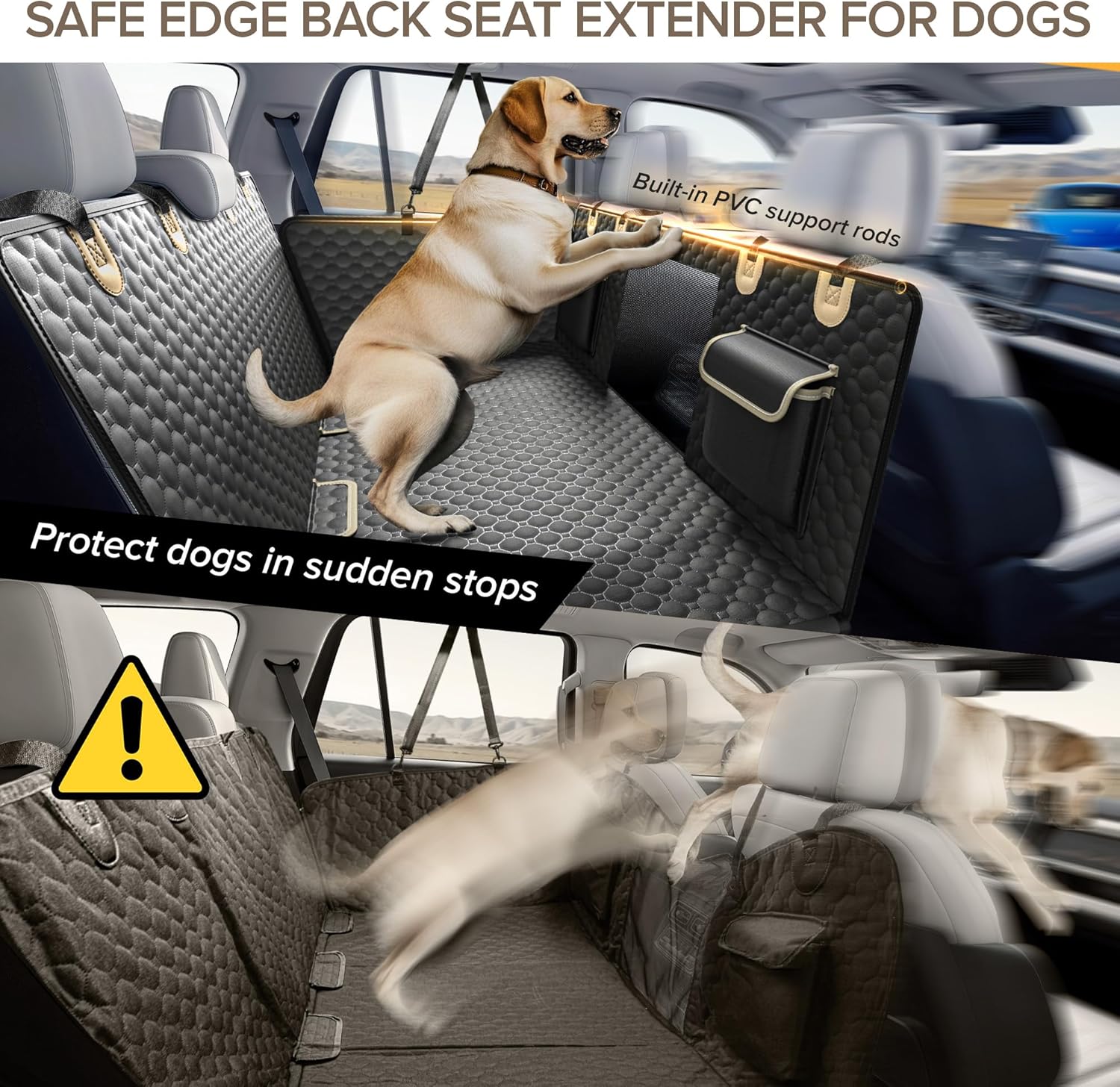 Detalle de SHARLOVY Back Seat Extender for Dogs: Heavy-Duty Car Seat Cover with Hard Bottom and 3-rod Safety Frame