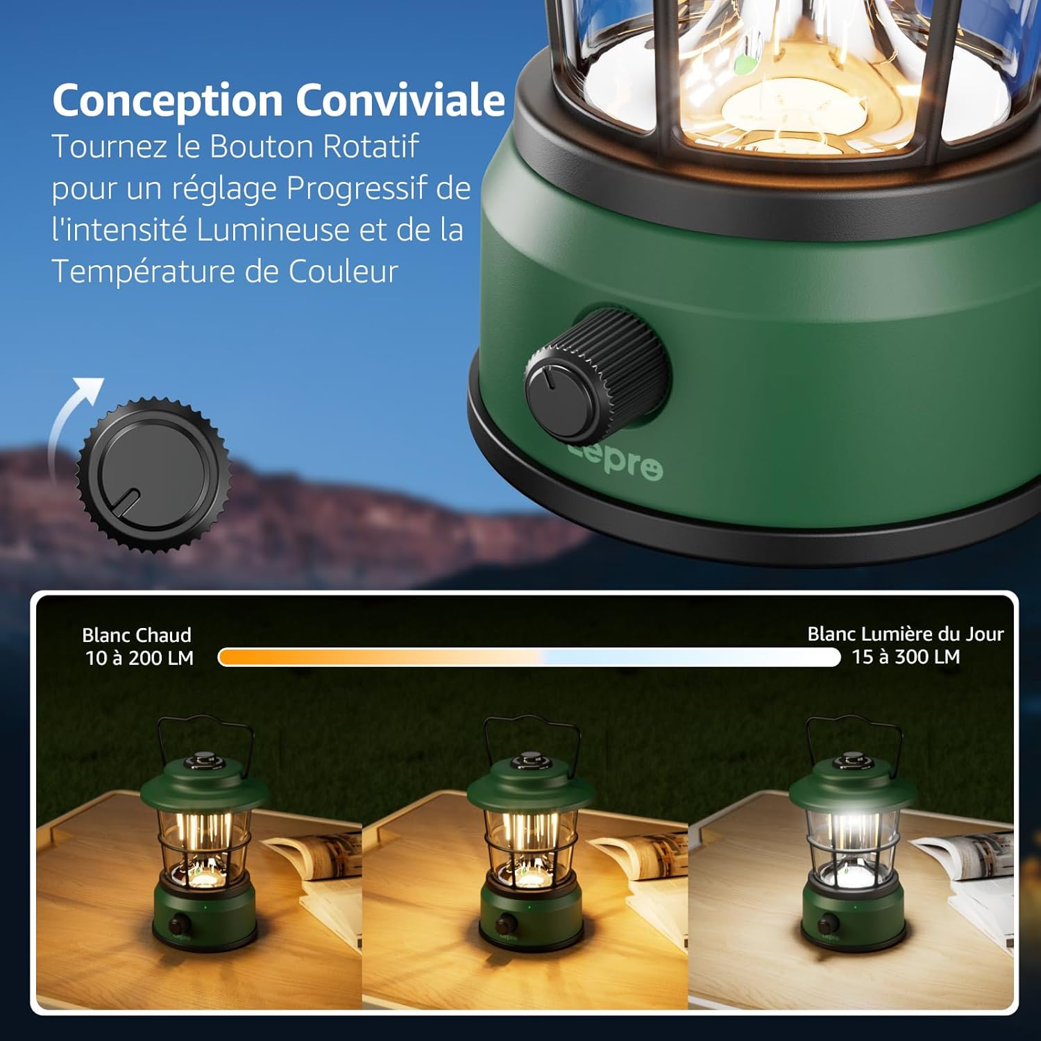 Thumbnail 4 de Lepro Lampe de camping rechargeable rechargeable à batterie externe 3600 mAh – 4 modes, intensité variable