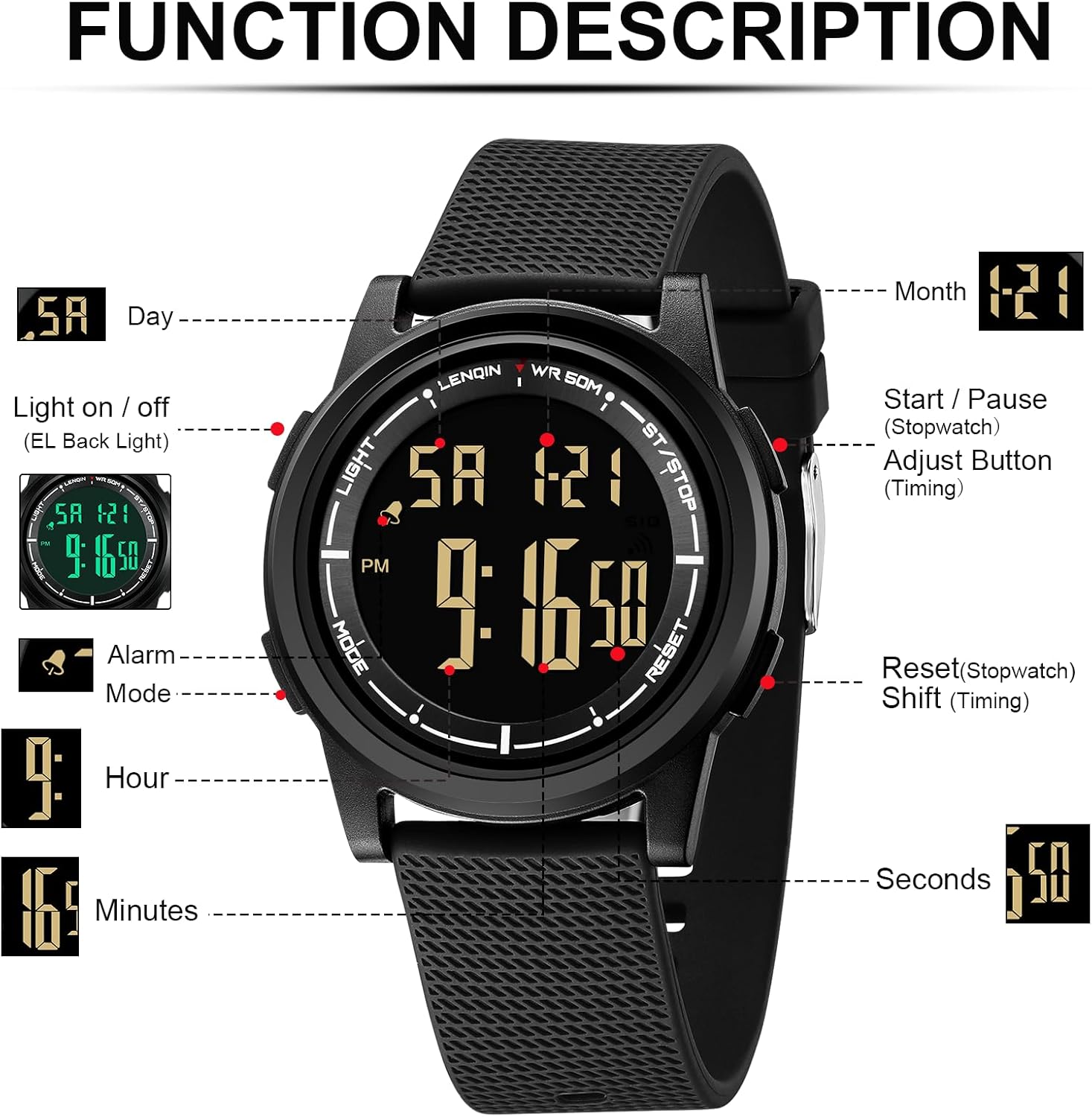 Detalle 2 de HANPOSH Herren Digitaluhr 9 mm mit Wecker