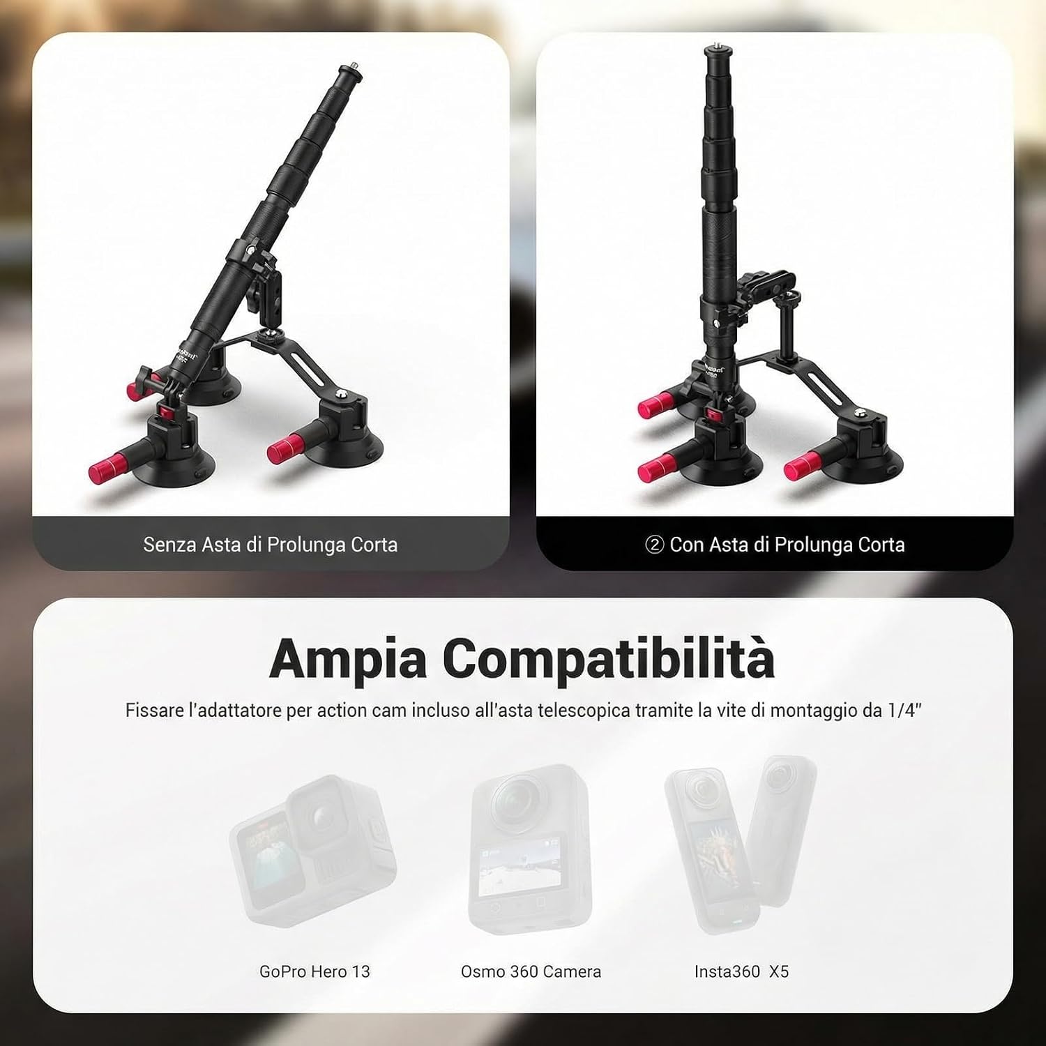 Detalle 2 de NEEWER CA065 Treppiede a ventosa tripla per auto con braccio flessibile e asta 2in1