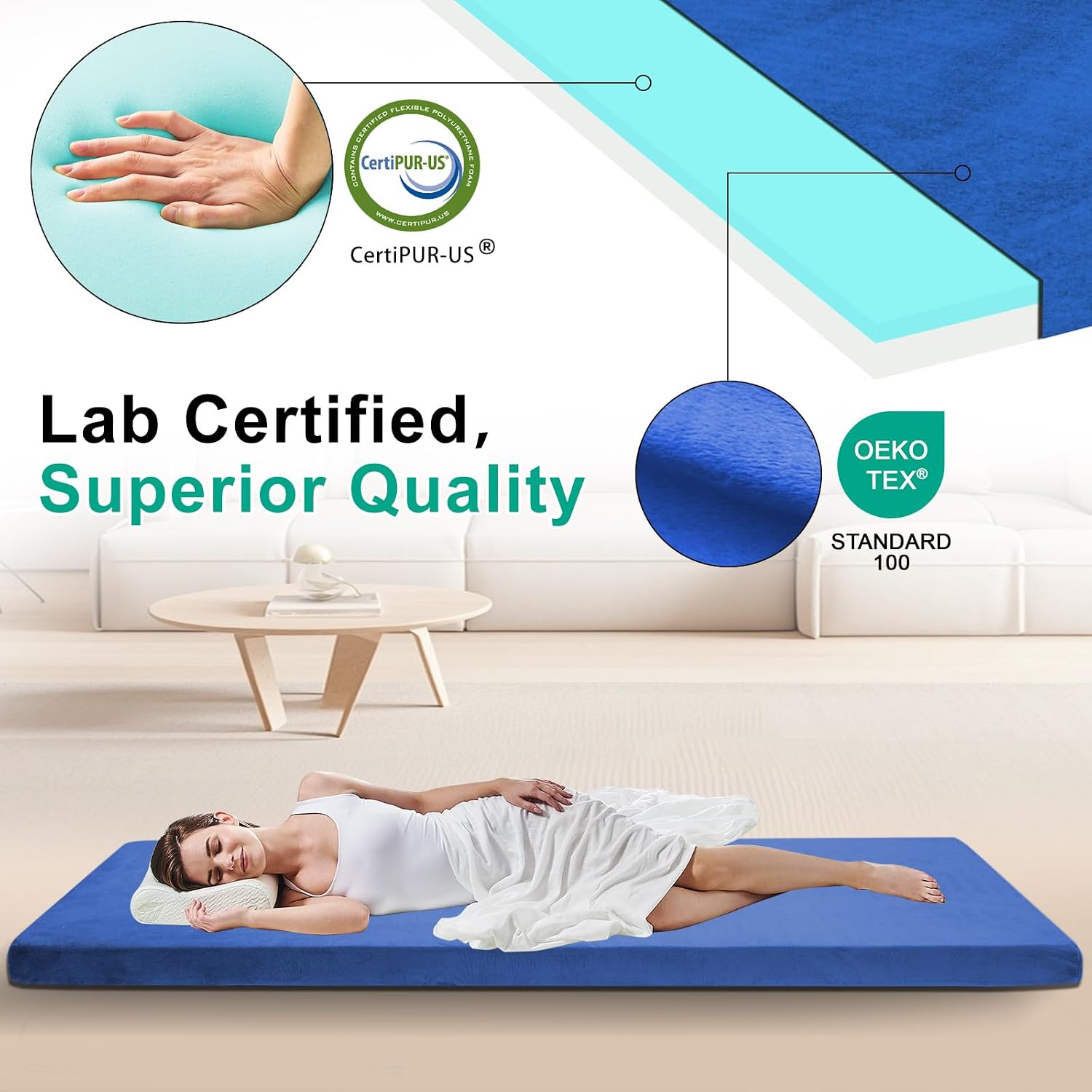 Detalle de Memory Foam Camping Mattress Pad for Adults — Waterproof, Non-Slip Roll-Up Floor Sleeping Mat