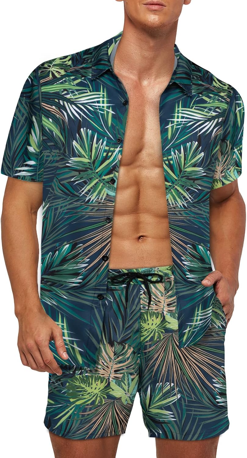Detalle de AOTORR Men's Hawaiian Tracksuit Set: Floral Short Sleeve Shirt & Shorts for Summer