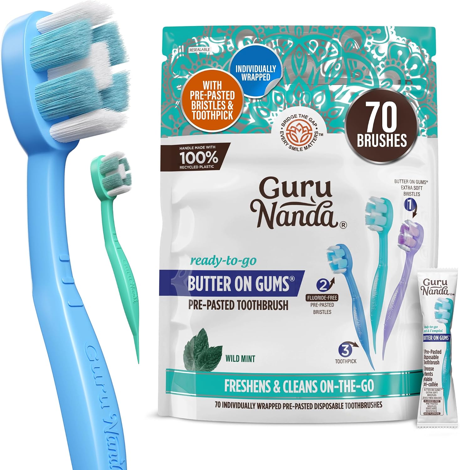 GuruNanda Ready-to-Go Disposable Mini Travel Toothbrushes 70 ct 🪥
