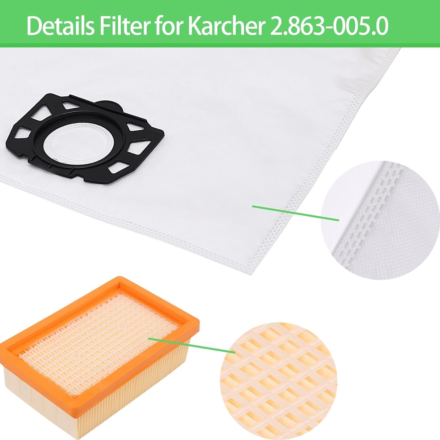 Detalle de Awinker 10 Staubsaugerbeutel + 2 Filter für Kärcher WD MV – Ersatzteile 2.863-005.0