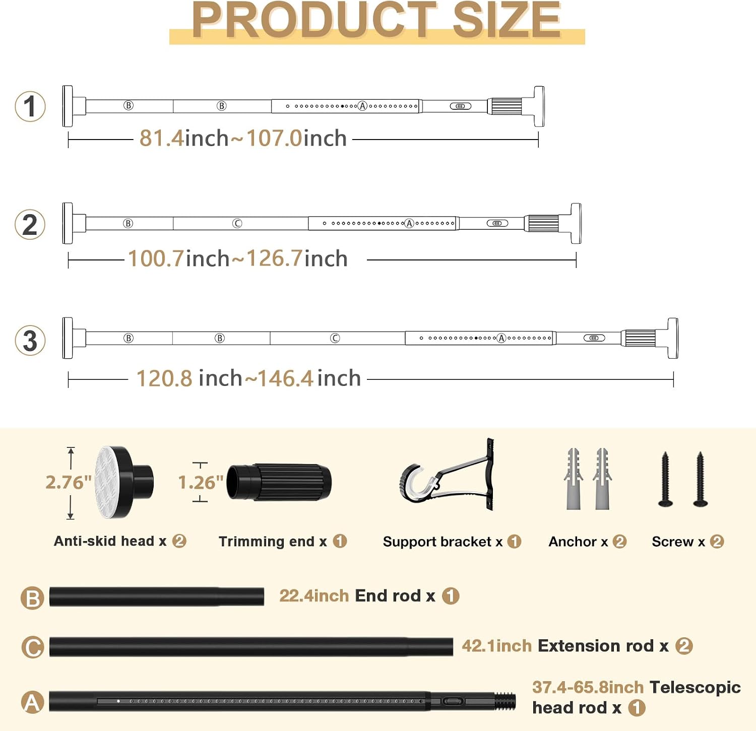 Detalle de ZipGlo Adjustable Tension Curtain Rod, 41–146 in, Matte Black