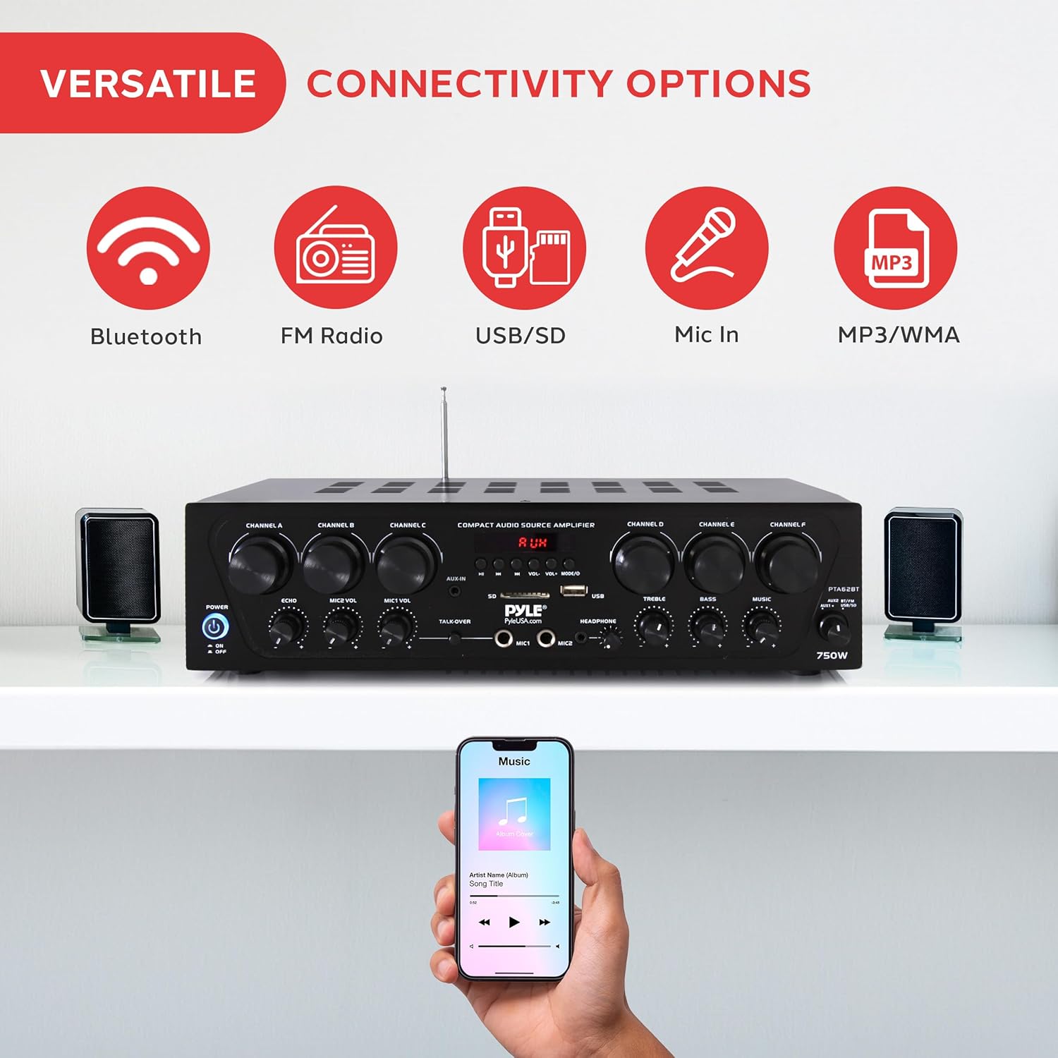 Thumbnail 3 de Pyle Wireless Bluetooth Karaoke Amplifier — 6 Channel 750W Power with Echo, Talk-Over and Subwoofer Output