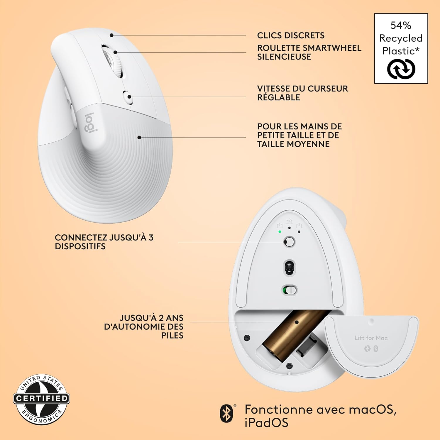 Thumbnail 6 de Logitech Lift pour Mac : souris ergonomique verticale sans fil Bluetooth (Lift pour Mac, blanche)