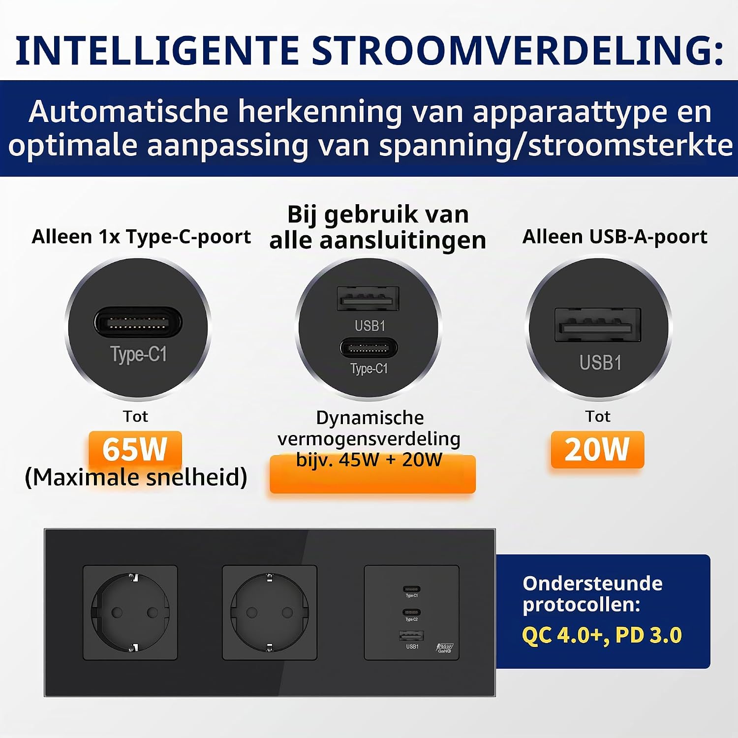 Detalle de PULSAR GaN PD-inbouwstopcontact, 65 W, 2 USB-C en USB-A, zwart glas