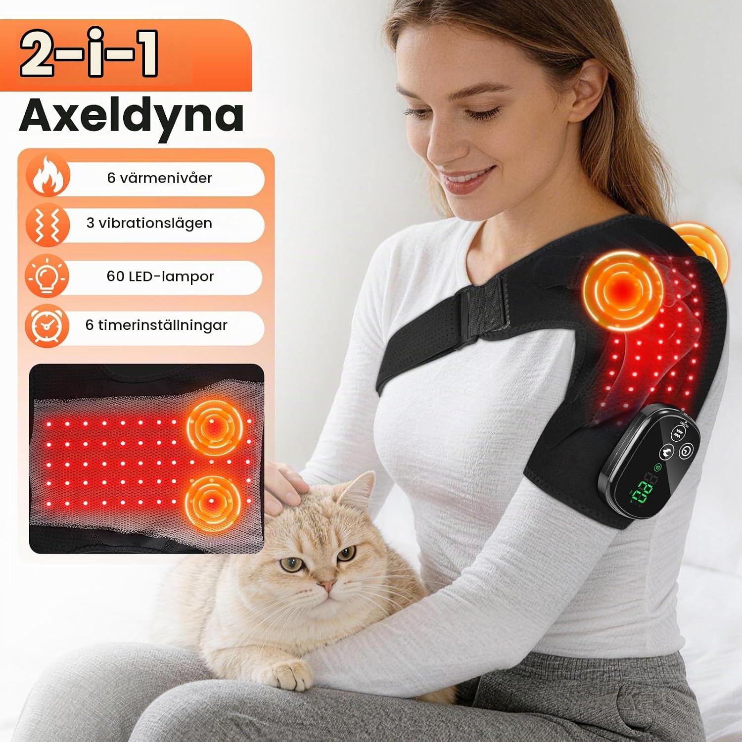 Detalle de DYMROGE axelmassagekudde med värme, vibration och uppladdningsbart 5 000 mAh-batteri