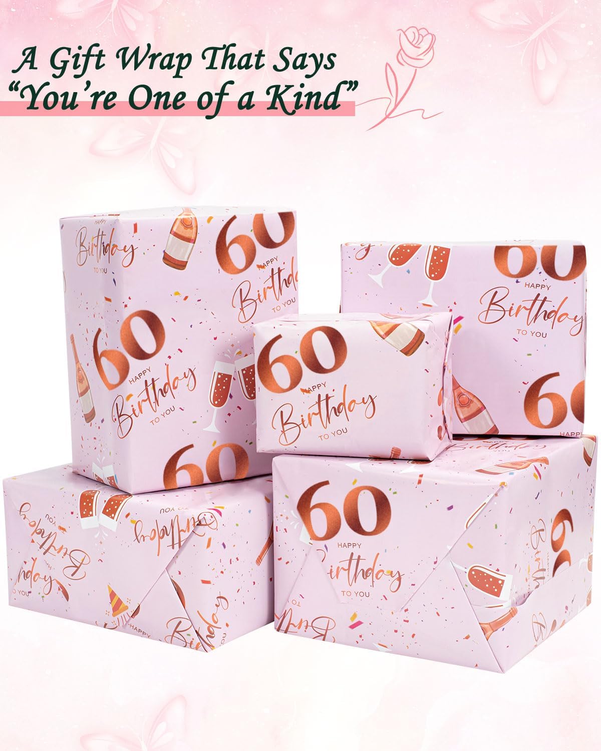 Thumbnail 3 de Vinuwu 6 Sheets 60th Birthday Wrapping Paper – Rose Gold Pink 70x50cm, Plastic Free & Recyclable