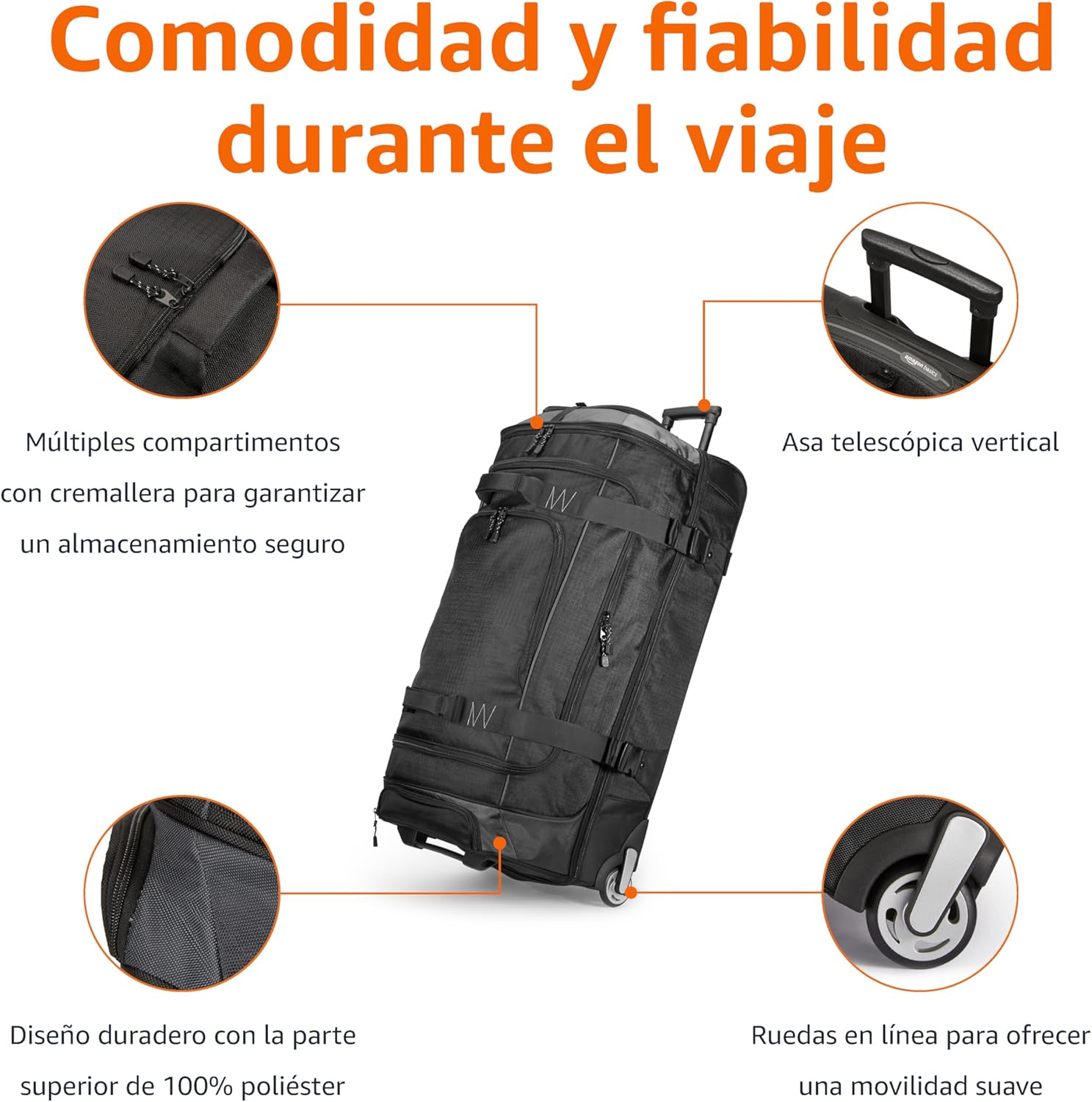 Detalle 2 de Amazon Basics Bolsa de Viaje con Ruedas 🧳 Grande 89cm, Durable y Ligera