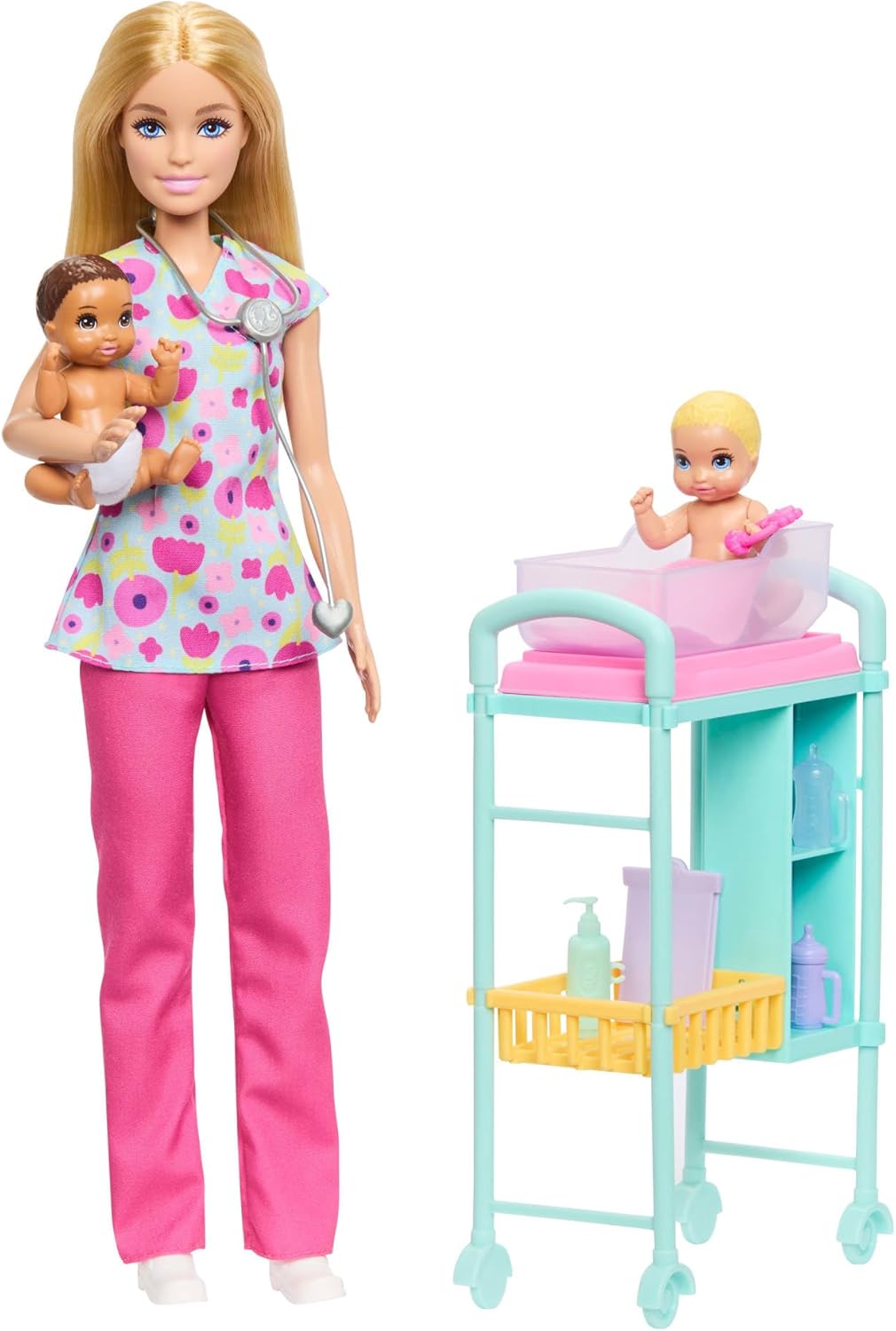 Detalle de Barbie Carriere Pediatra JMK12: set gioco con bambola bionda, neonati e lettino per visite