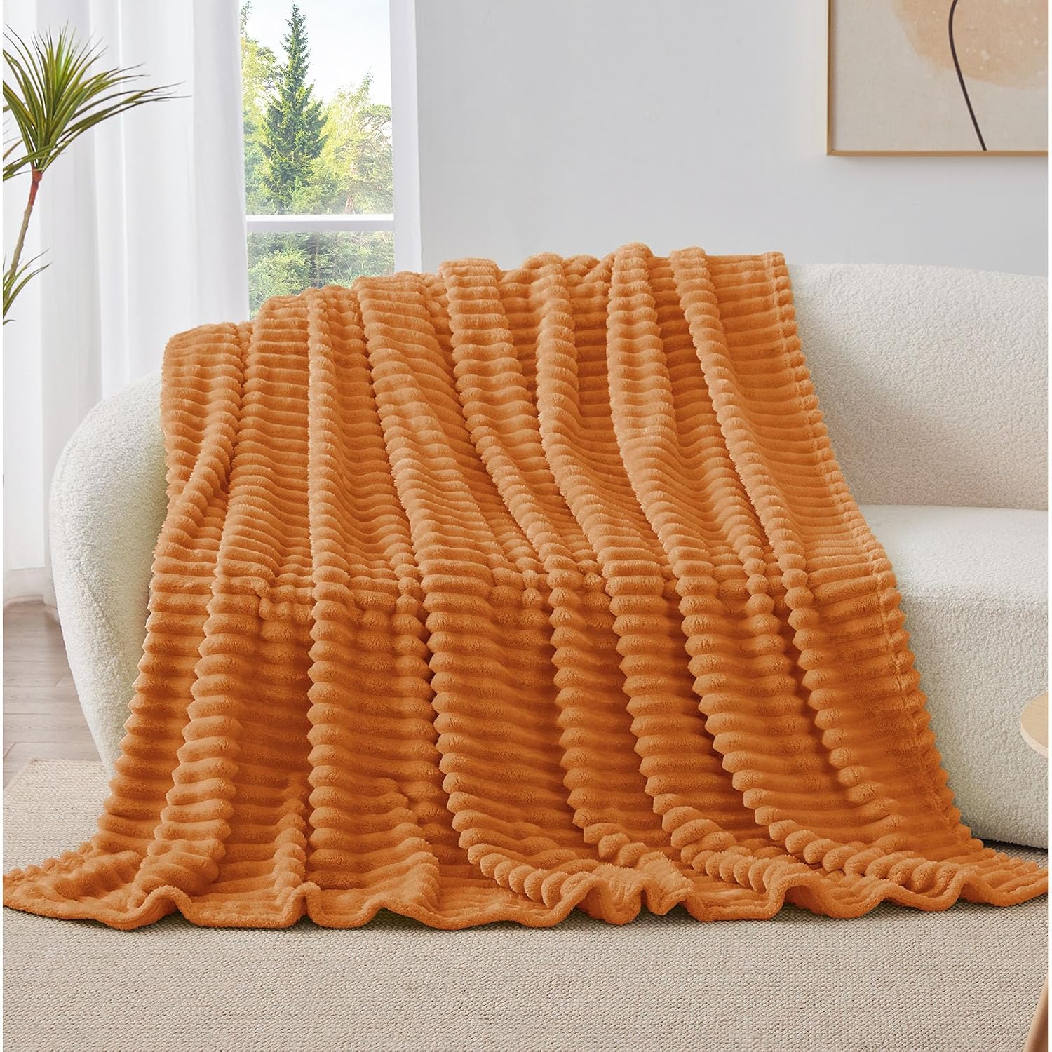 Detalle de BEDELITE Fall Throw Blanket for Couch – 300GSM Soft, Warm Fluffy Fleece, 50"x60", Burnt Orange Striped