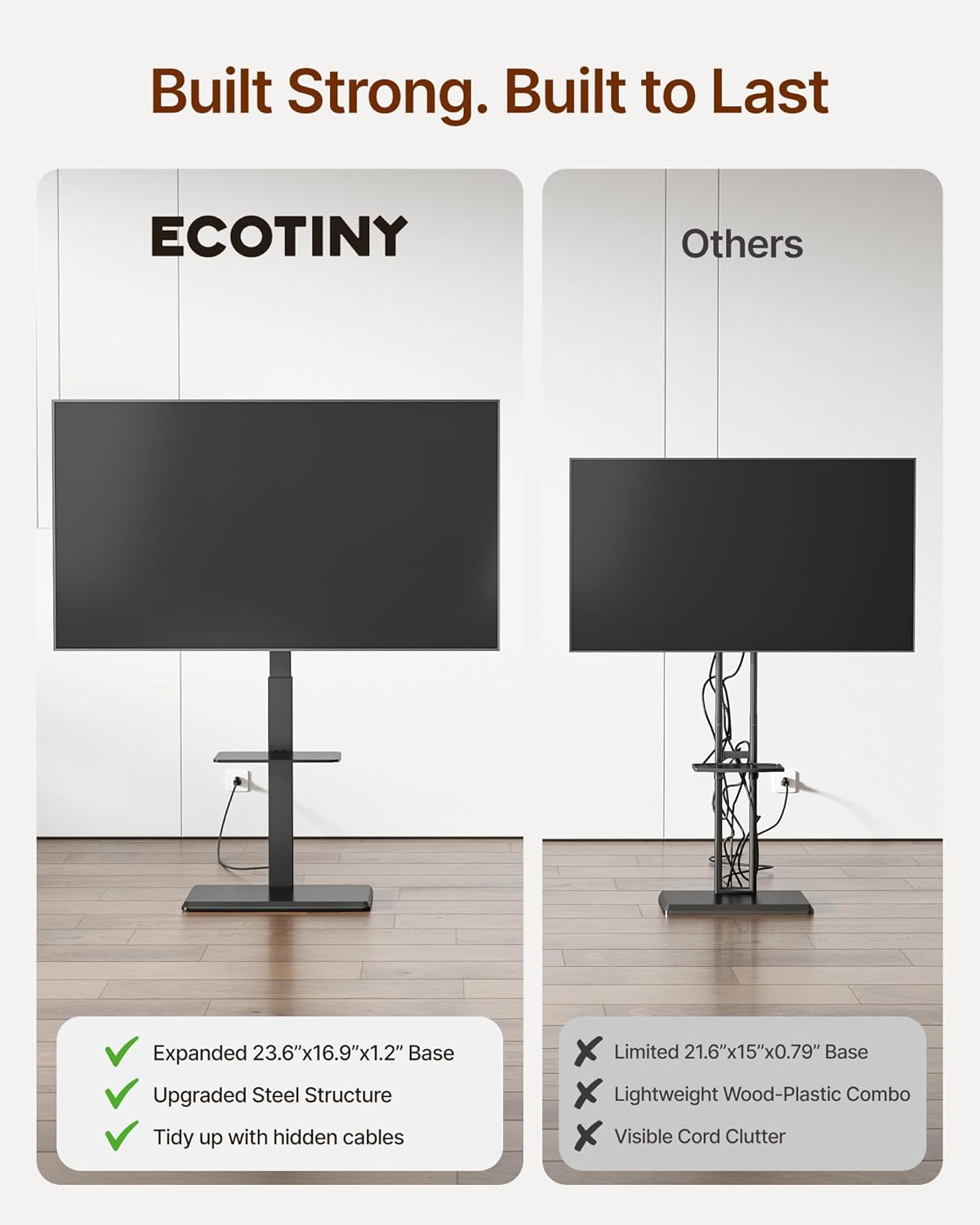 Detalle de ECOTINY Steel Base Floor TV Stand with Power Outlet for 32–75 inch TVs