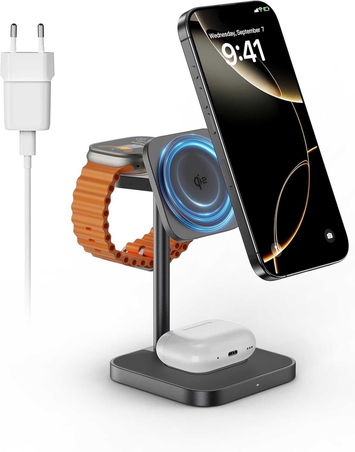 Detalle de LULULOOK Qi2 3-in-1 MagSafe Ladestation aus Aluminium – Schnellladen für iPhone, AirPods und Apple Watch